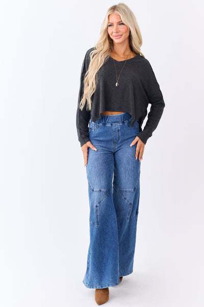 Charcoal Fleece V-Neck Long Sleeve Top