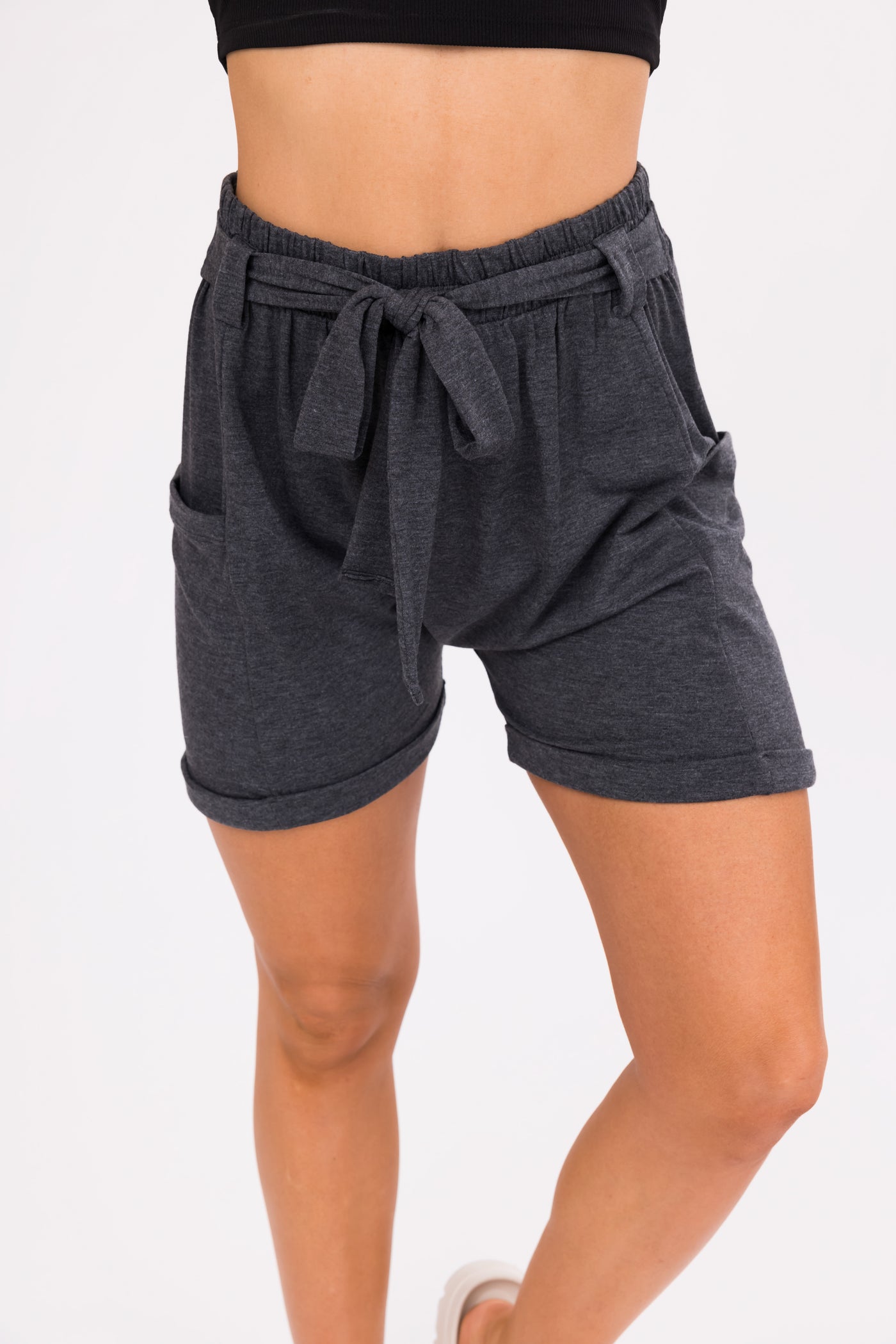 Charcoal Front Tie Knit Shorts