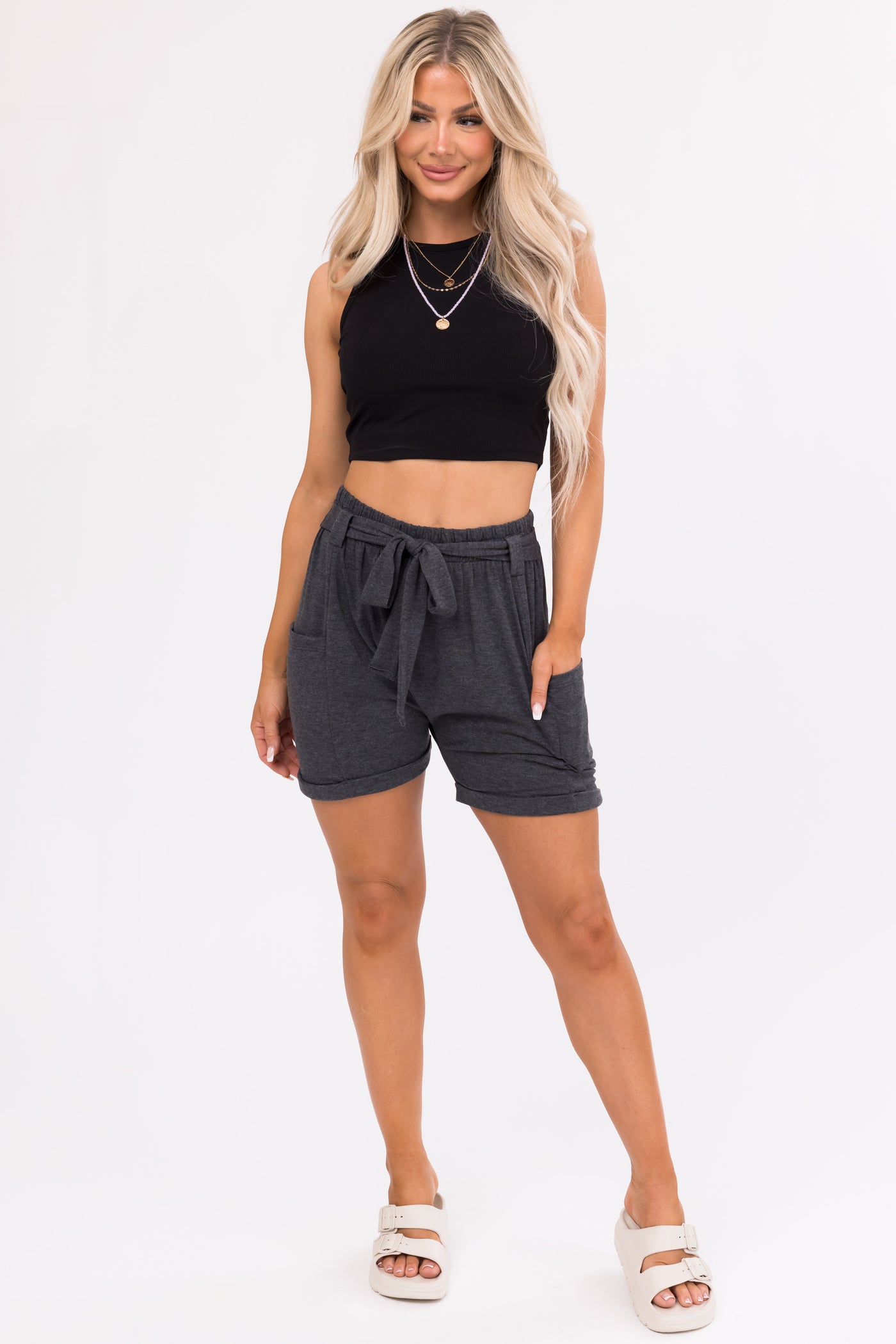 Charcoal Front Tie Knit Shorts