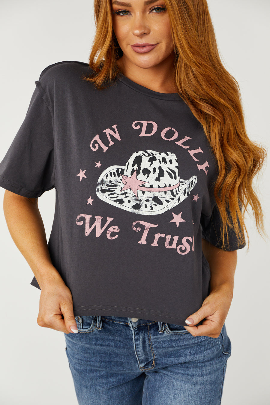 Charcoal 'In Dolly We Trust' Graphic Crop Top