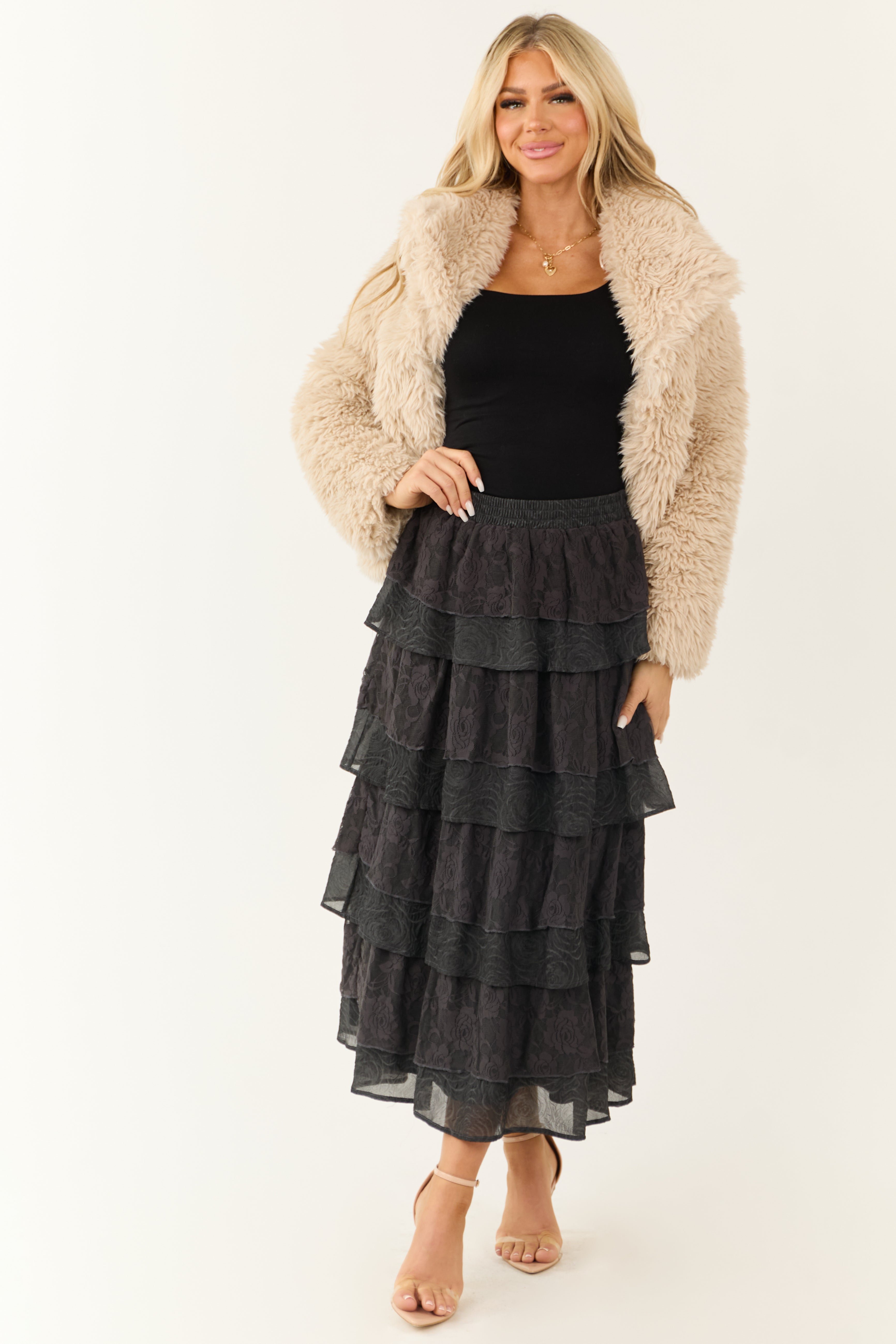 Charcoal Lace Ruffle Tiered Maxi Skirt | Lime Lush Boutique Charcoal Lace Ruffle Tiered Maxi Skirt | Lime Lush Boutique