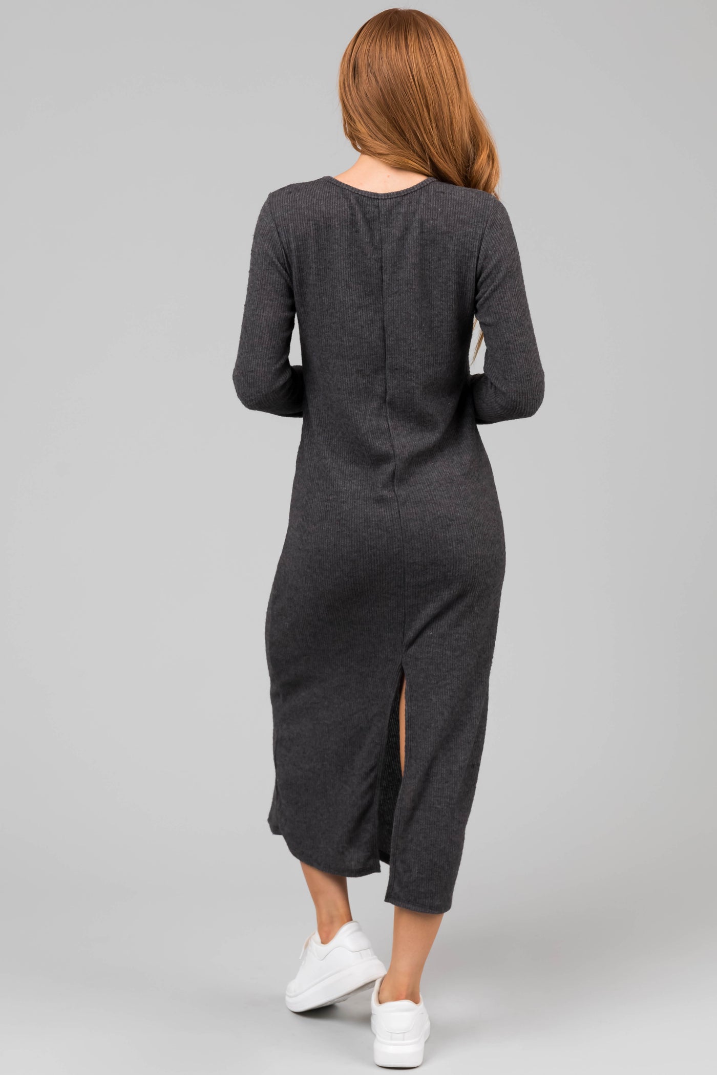 Charcoal Lightweight Knit Long Sleeve Maxi Dress