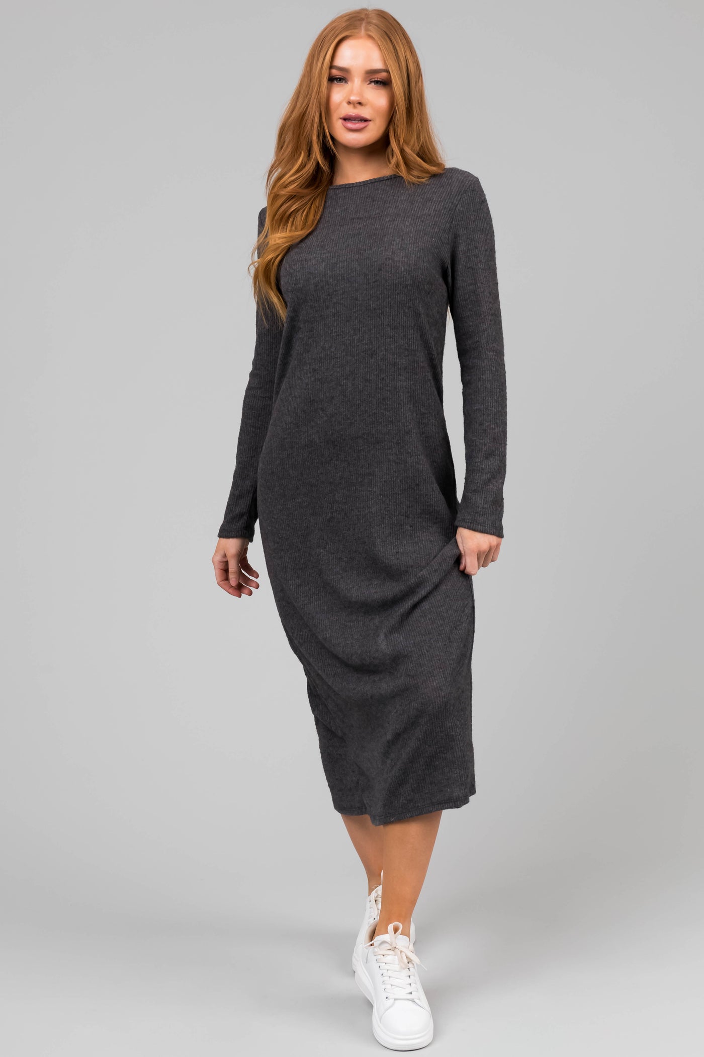 Charcoal Lightweight Knit Long Sleeve Maxi Dress