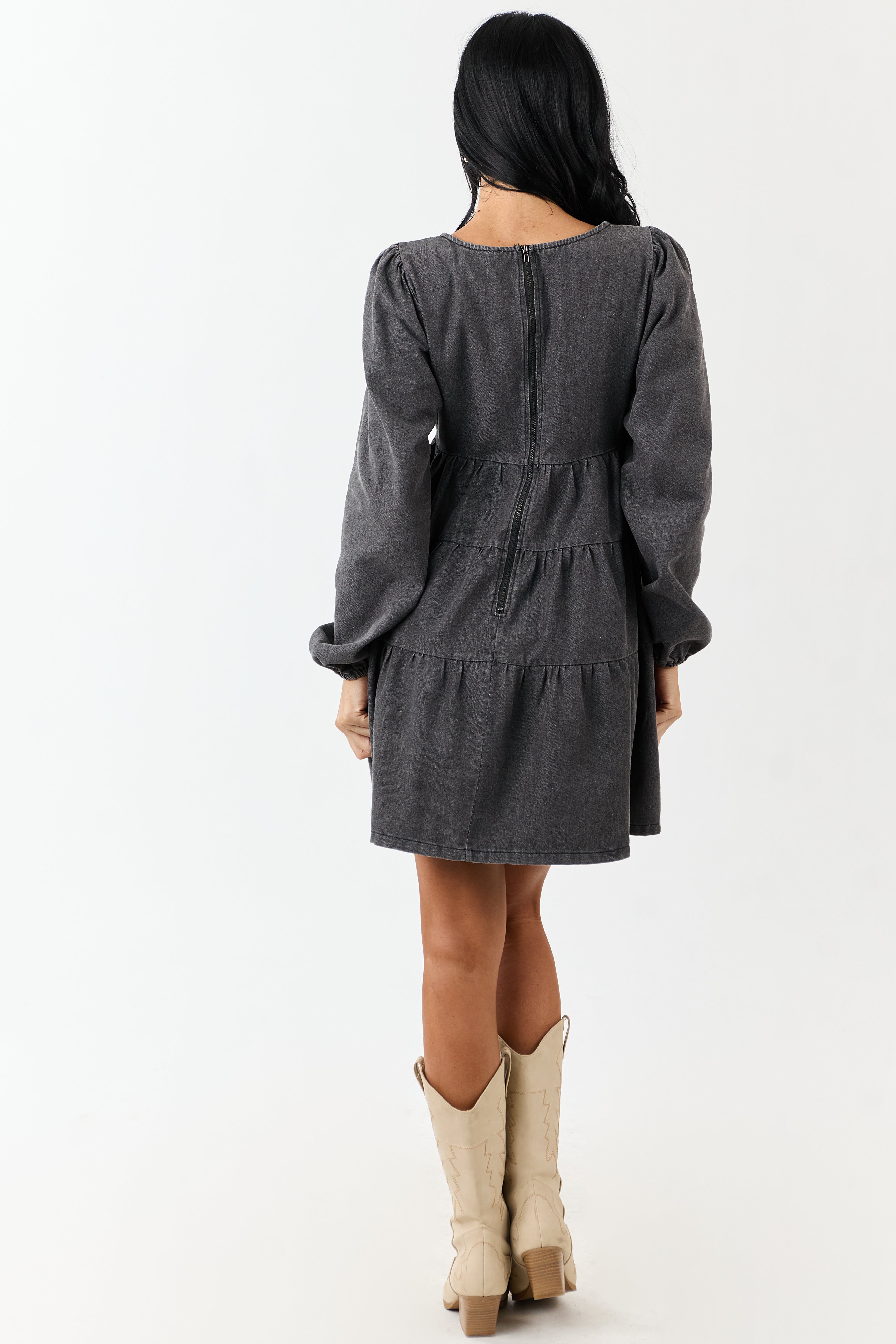 Charcoal Long Puff Sleeve Tiered Denim Mini Dress