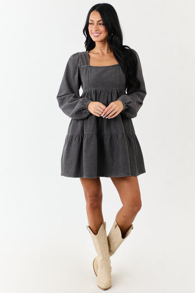 Charcoal Long Puff Sleeve Tiered Denim Mini Dress