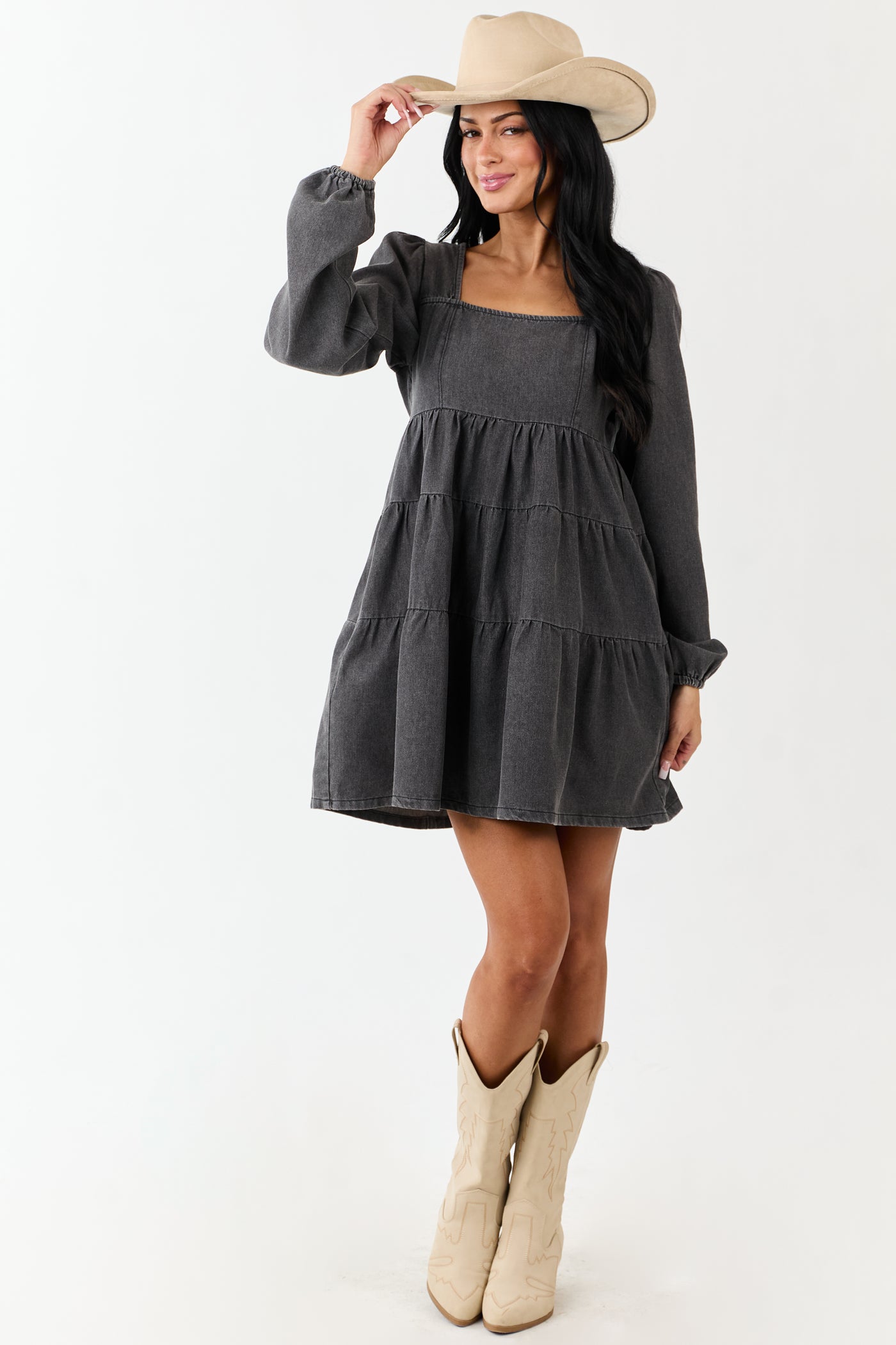 Charcoal Long Puff Sleeve Tiered Denim Mini Dress