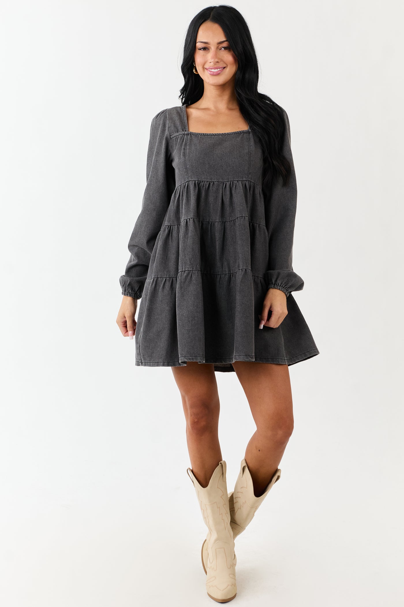 Charcoal Long Puff Sleeve Tiered Denim Mini Dress