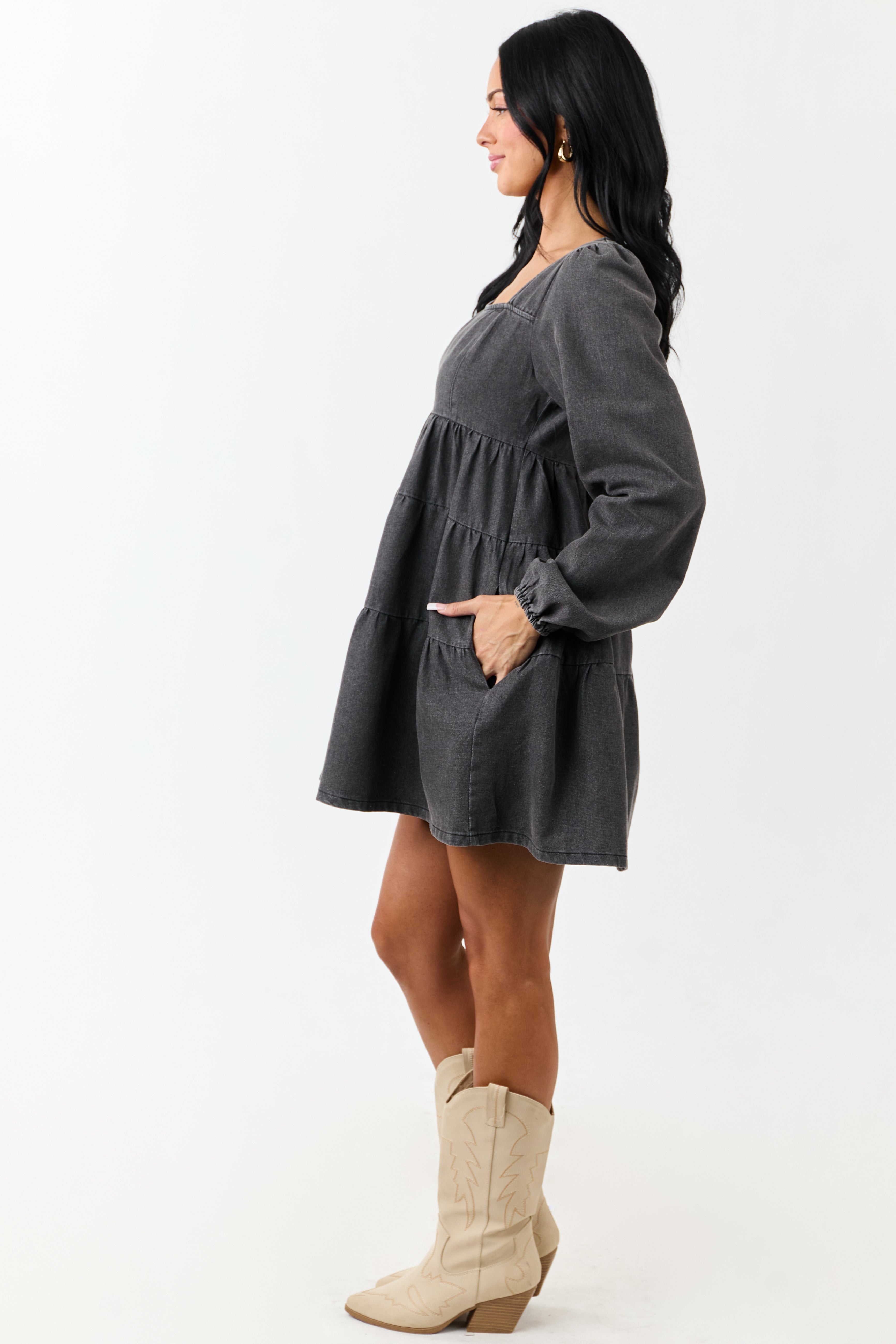 Charcoal Long Puff Sleeve Tiered Denim Mini Dress