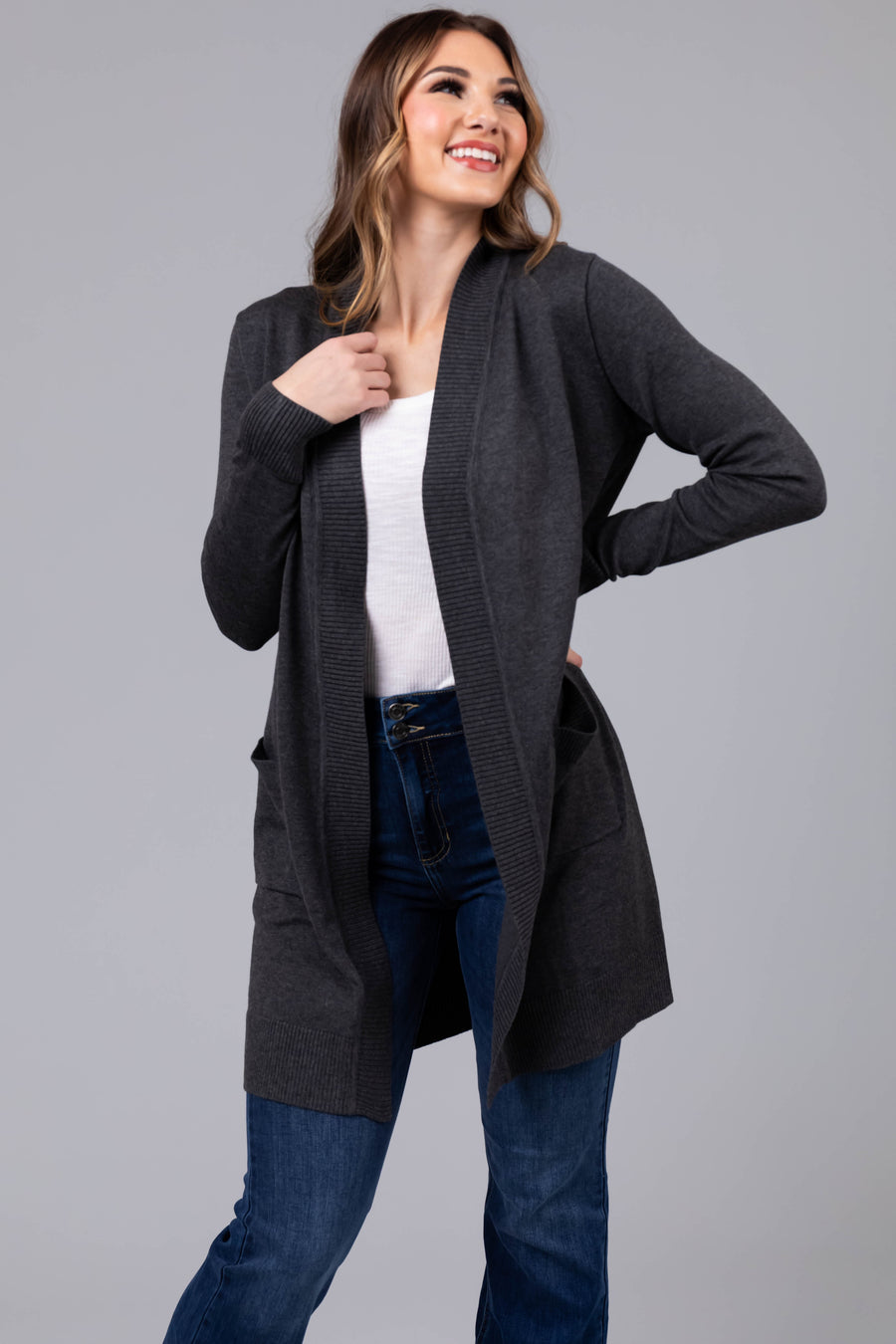 Charcoal Mid Length Lightweight Open Cardigan