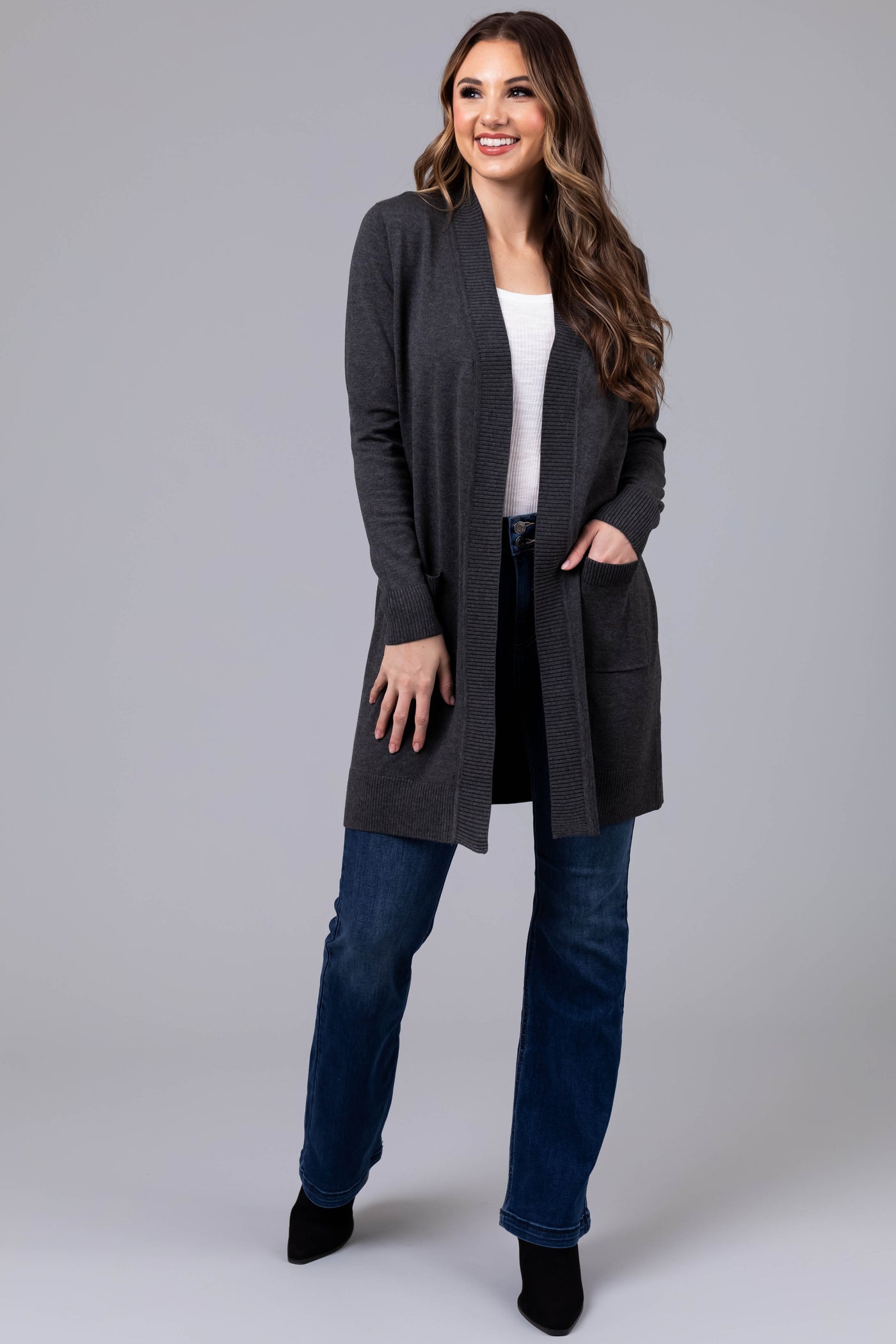 Charcoal Mid Length Lightweight Open Cardigan