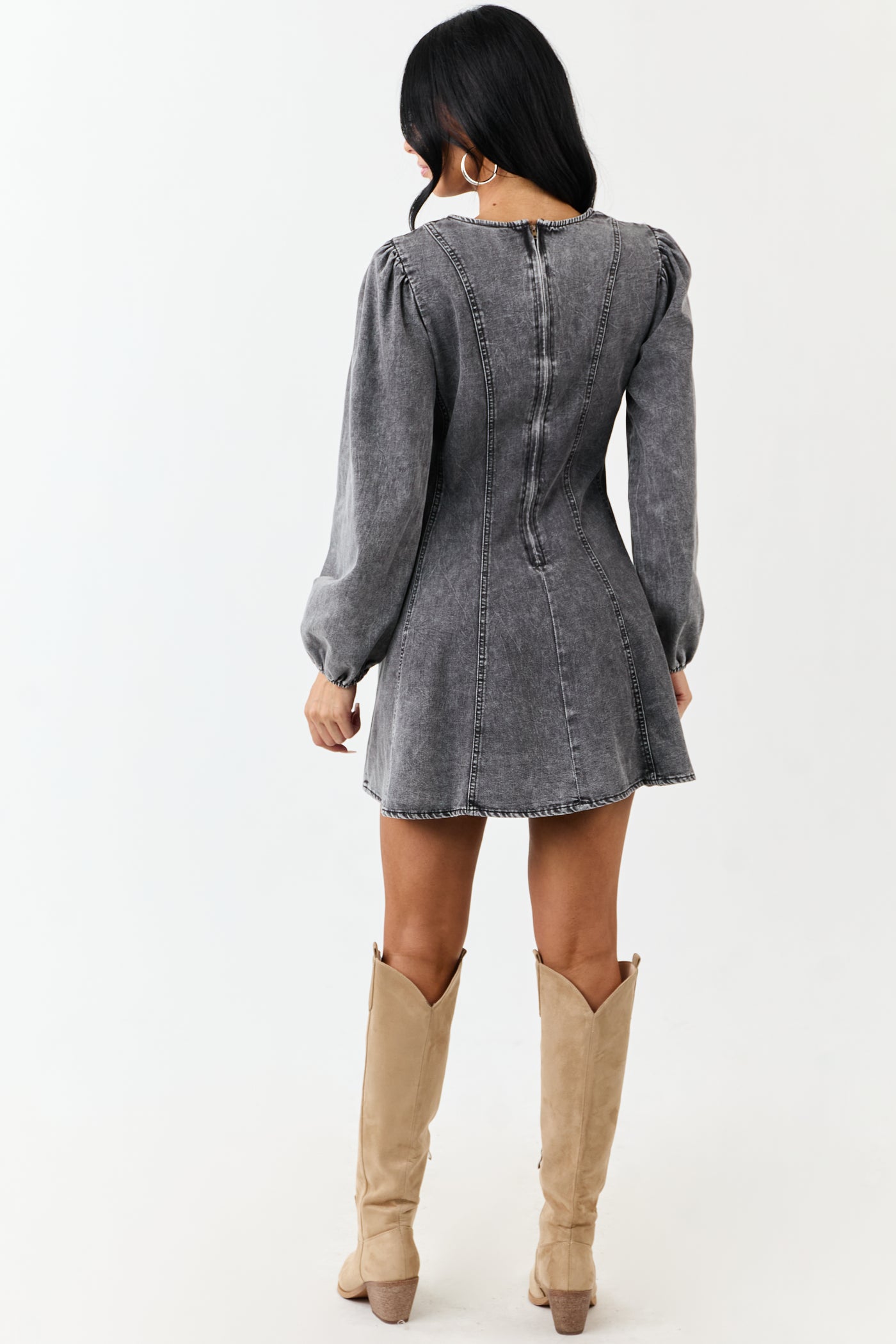 Charcoal Mineral Wash Denim Long Sleeve Mini Dress