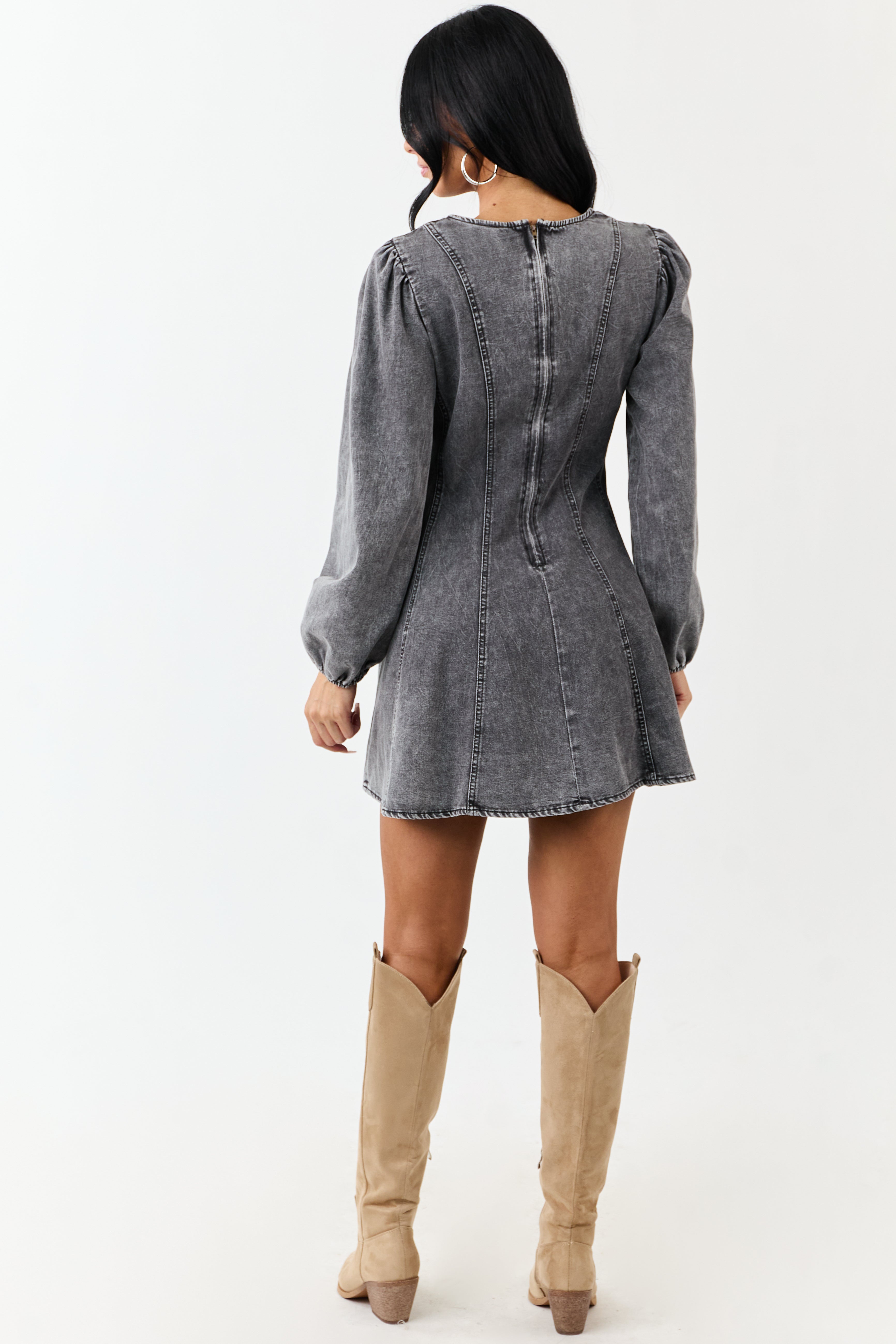 Charcoal Mineral Wash Denim Long Sleeve Mini Dress