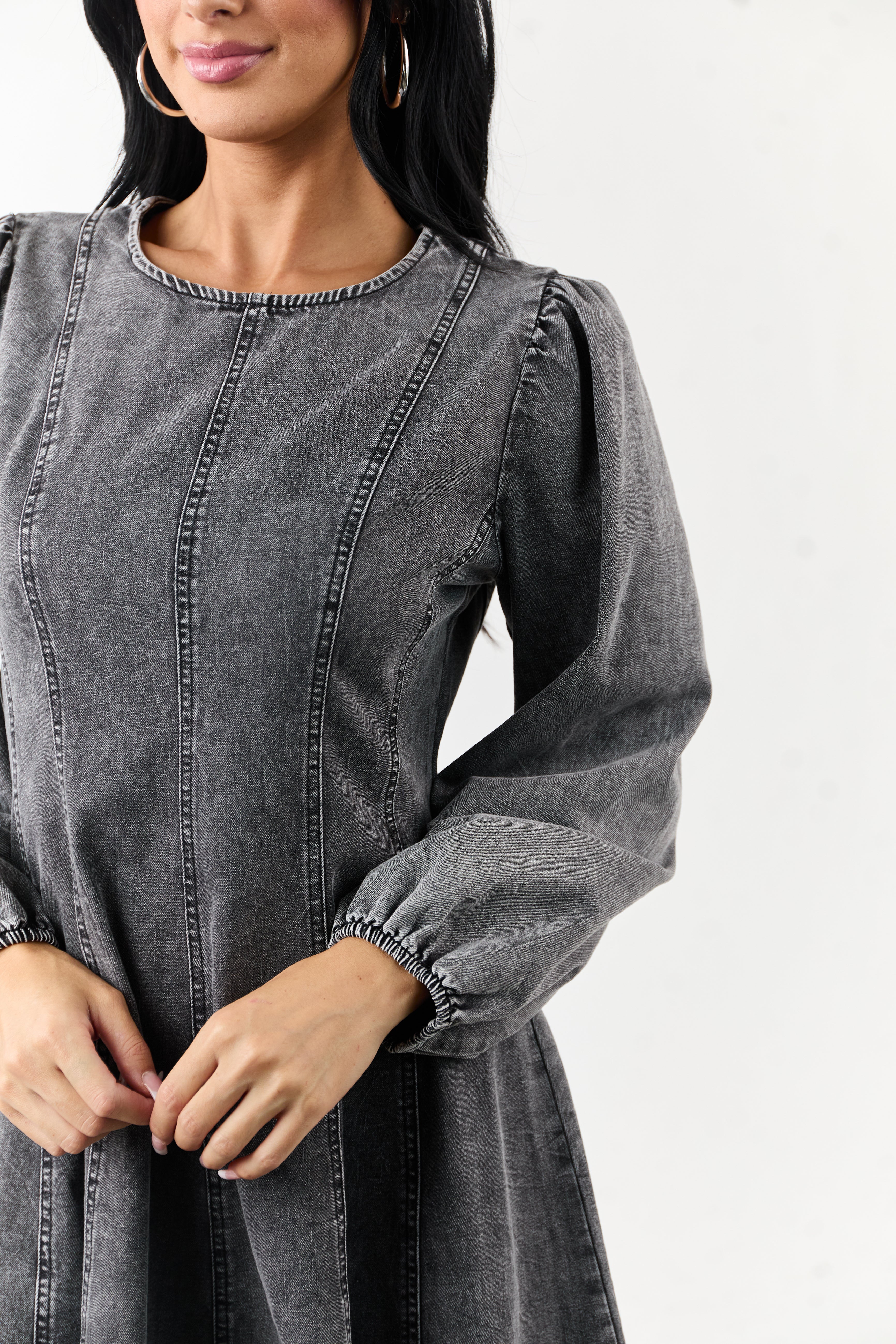 Charcoal Mineral Wash Denim Long Sleeve Mini Dress