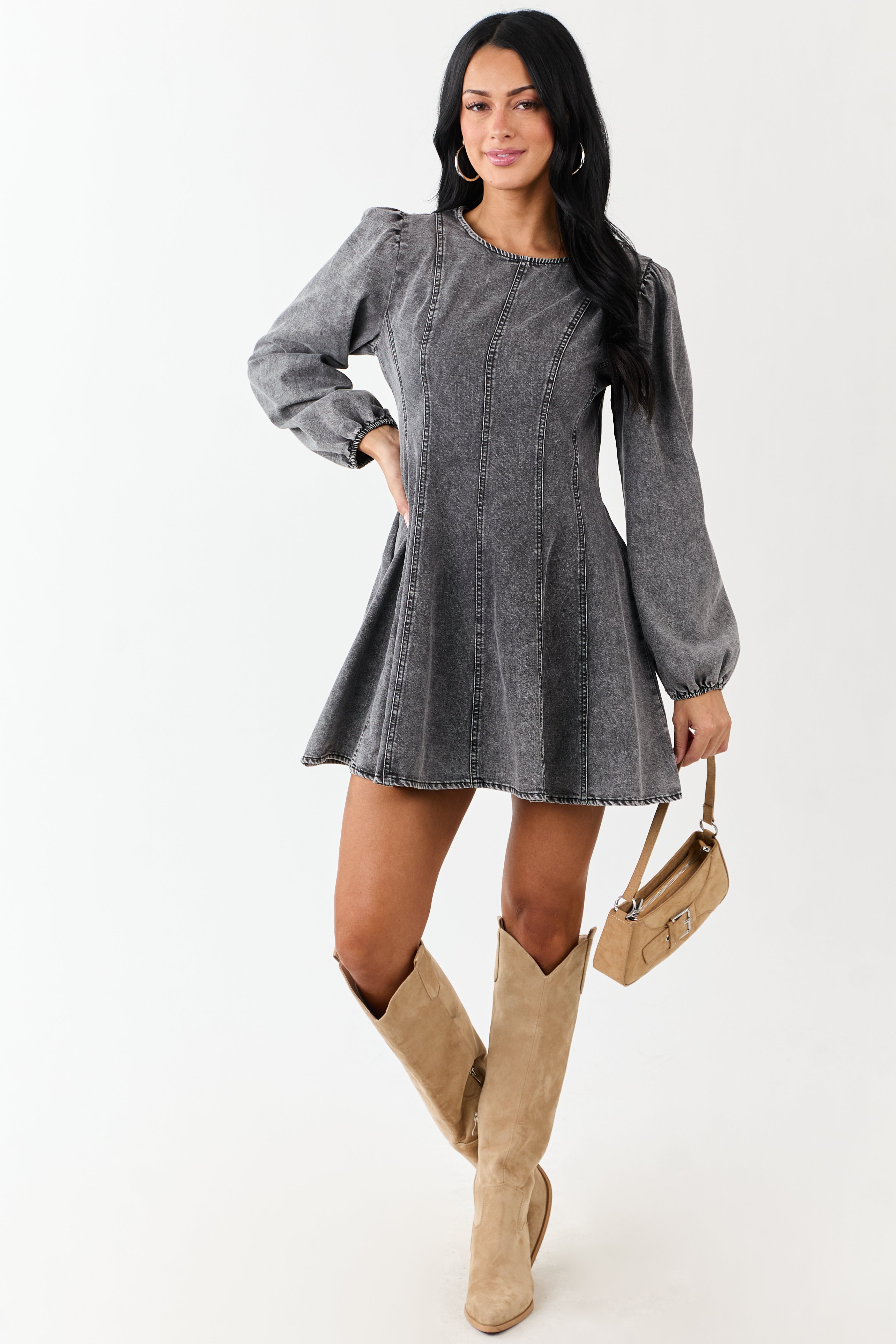 Charcoal Mineral Wash Denim Long Sleeve Mini Dress
