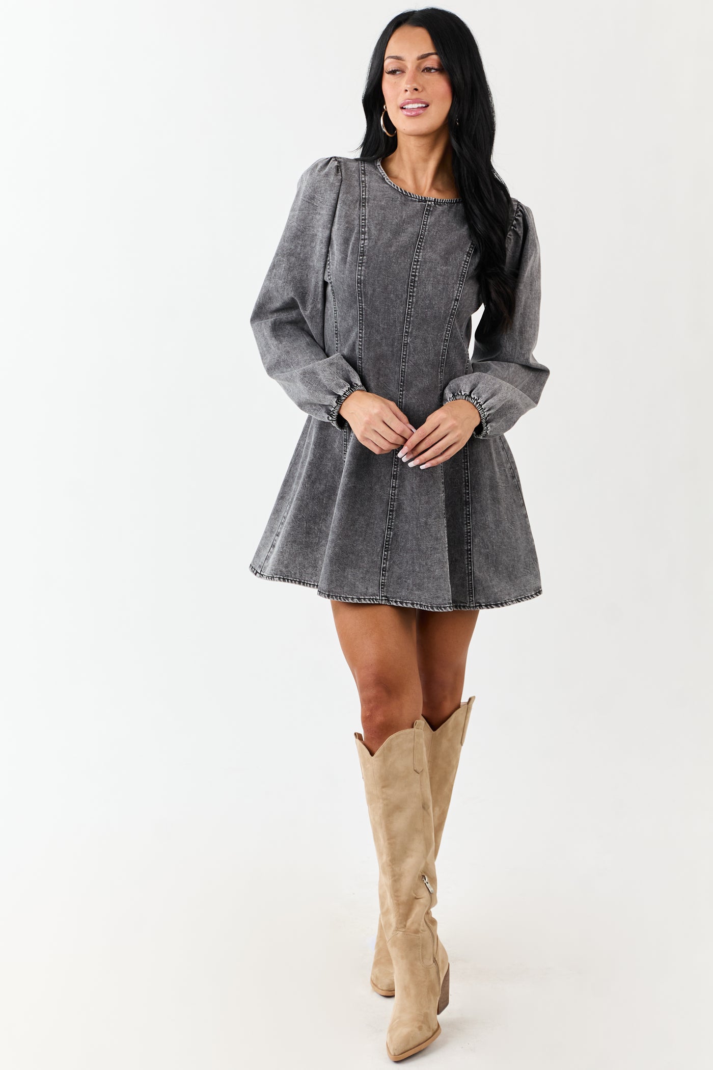 Charcoal Mineral Wash Denim Long Sleeve Mini Dress