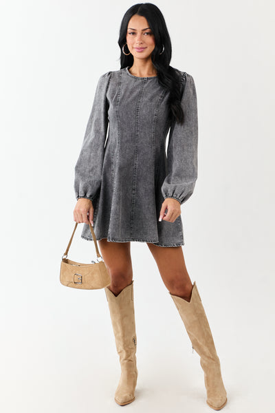 Charcoal Mineral Wash Denim Long Sleeve Mini Dress