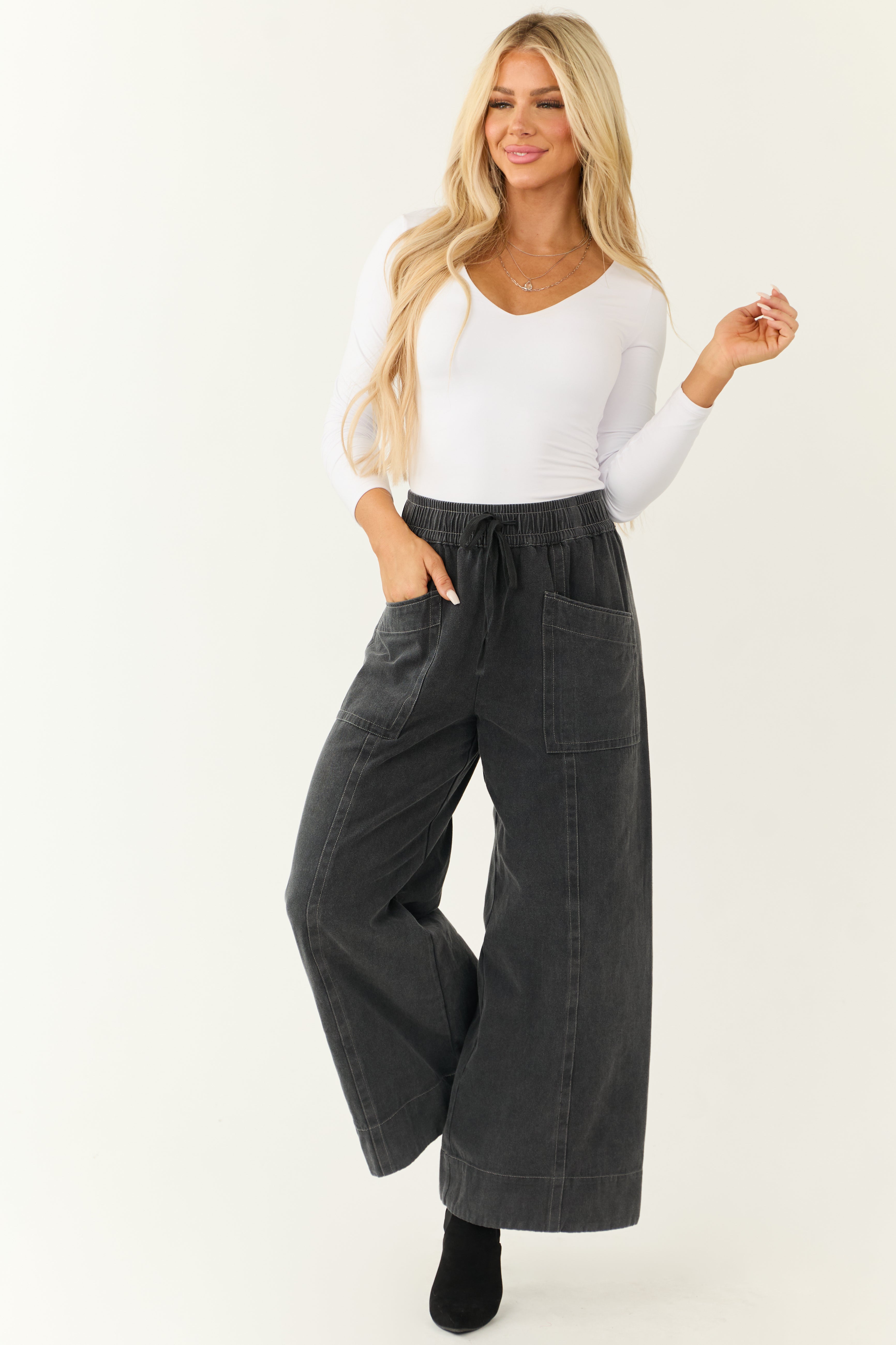 Charcoal Mineral Wash Elastic Waist Wide Leg Pants | Lime Lush