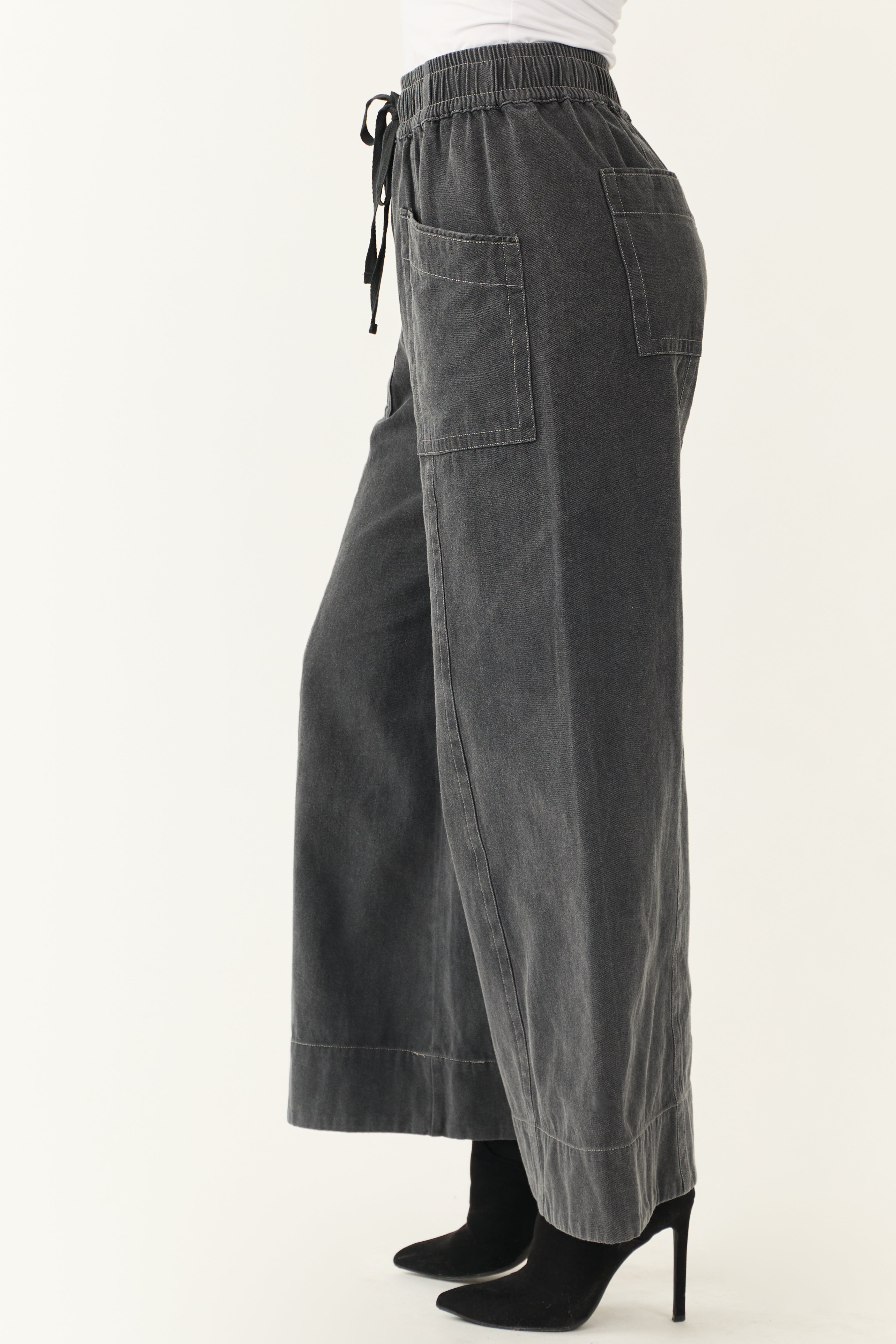 Charcoal Mineral Wash Elastic Waist Wide Leg Pants | Lime Lush