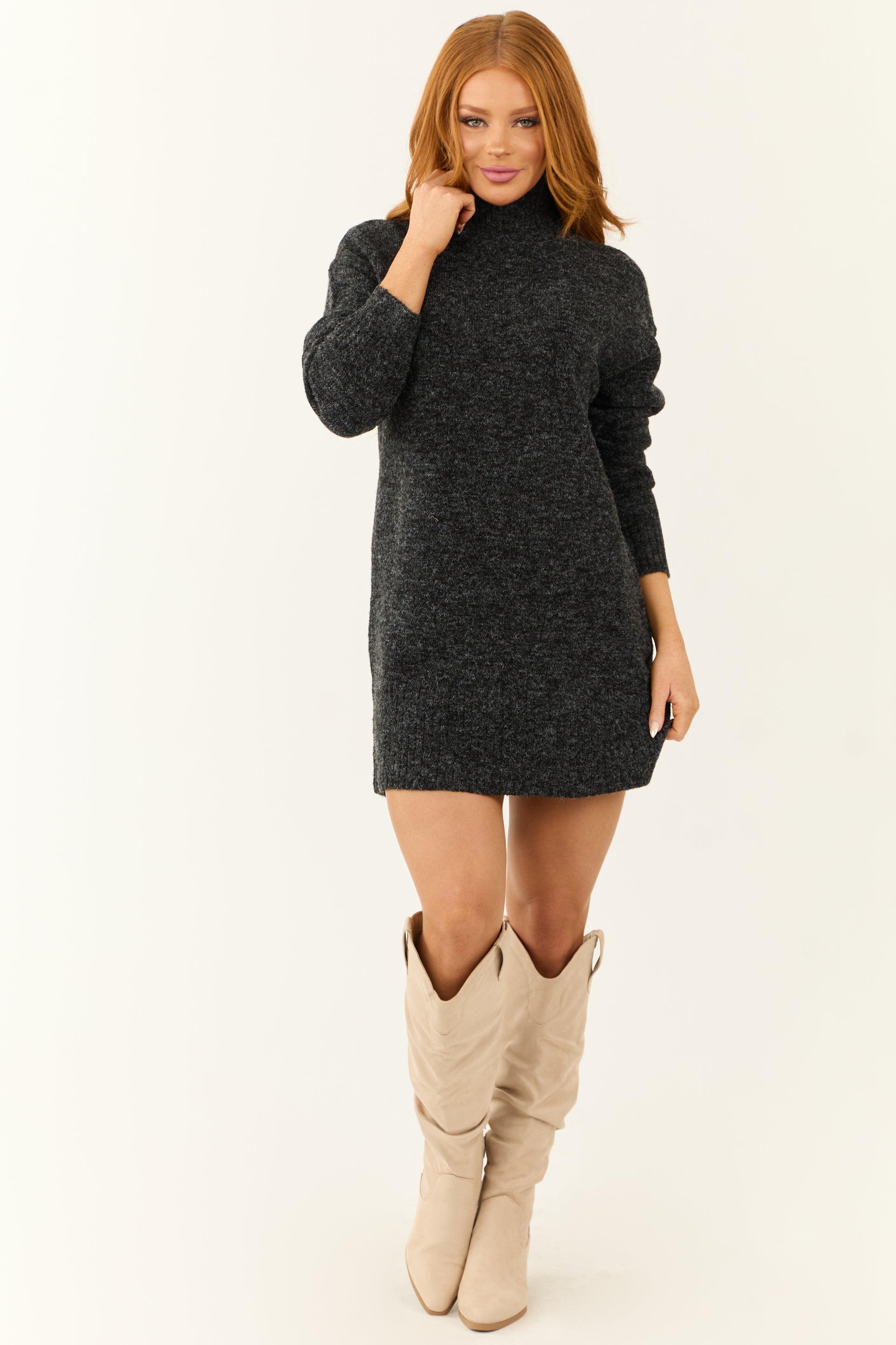 Charcoal Mock Neck Mini Sweater Dress Charcoal Mock Neck Mini Sweater Dress