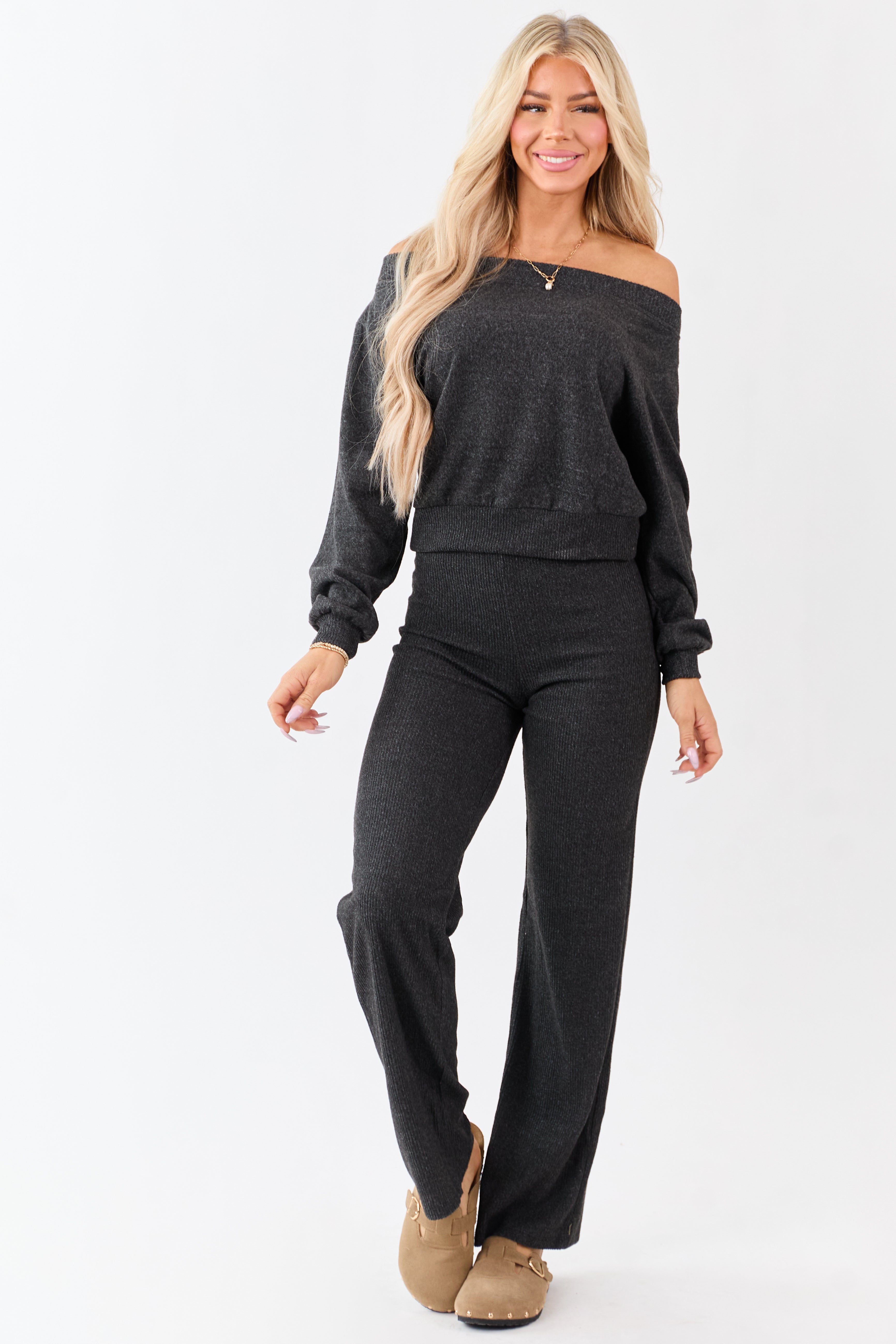 Charcoal Off Shoulder Rib Trim Soft Relaxed Knit Top