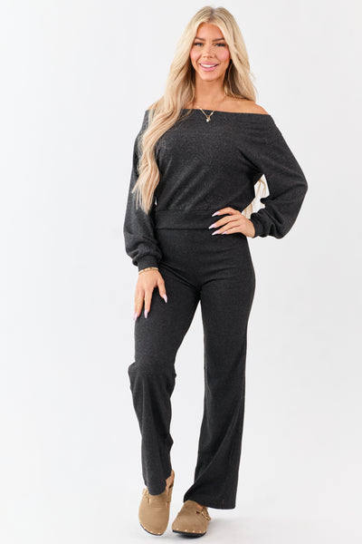 Charcoal Off Shoulder Rib Trim Soft Relaxed Knit Top