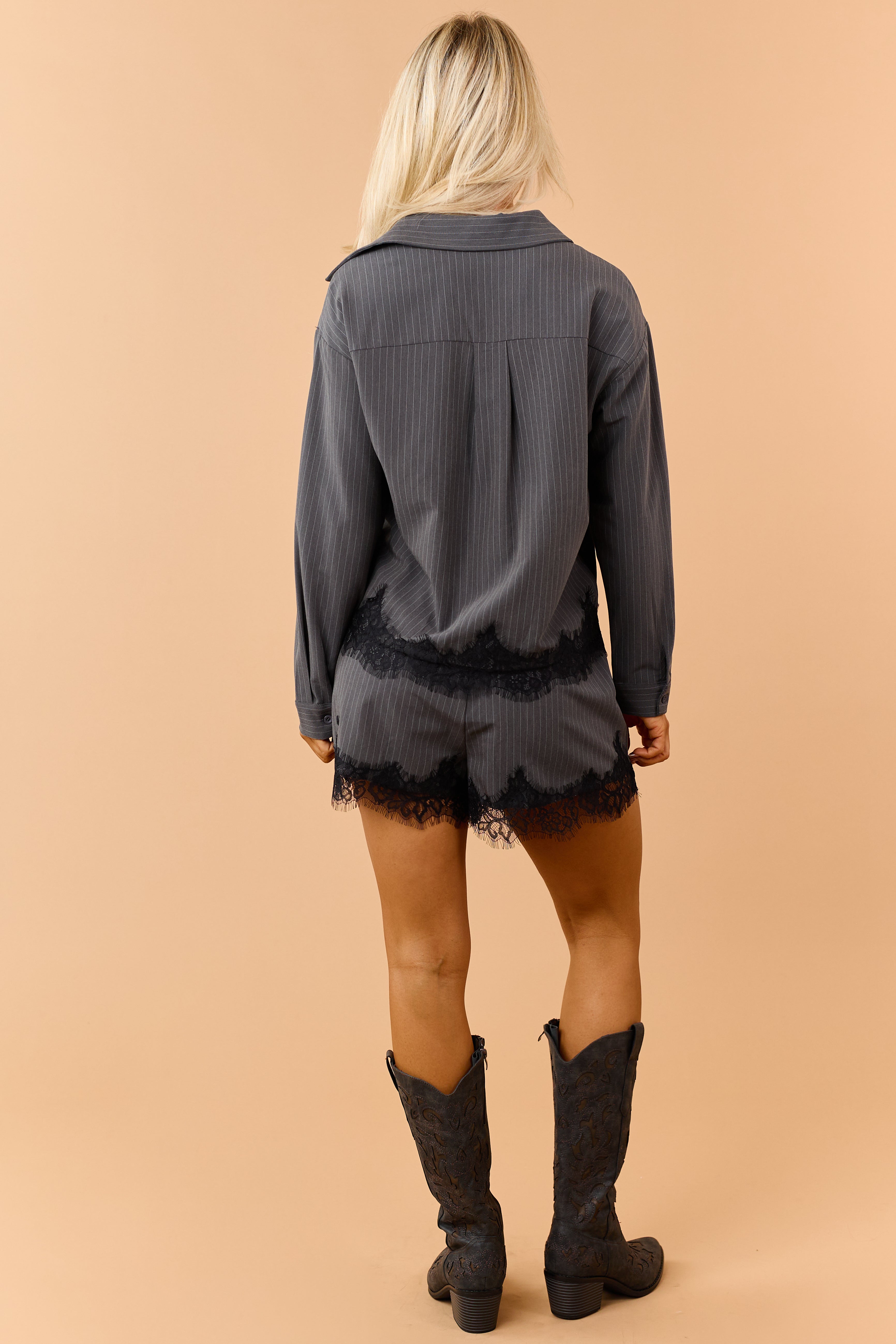 Charcoal Pinstripe Long Sleeve Top and Shorts Set | Lime Lush Boutique