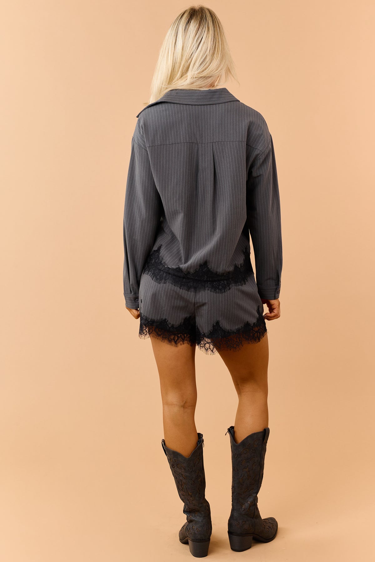 Charcoal Pinstripe Long Sleeve Top and Shorts Set