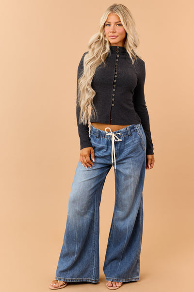 Charcoal Rib Knit Button Down Mock Neck Cardigan