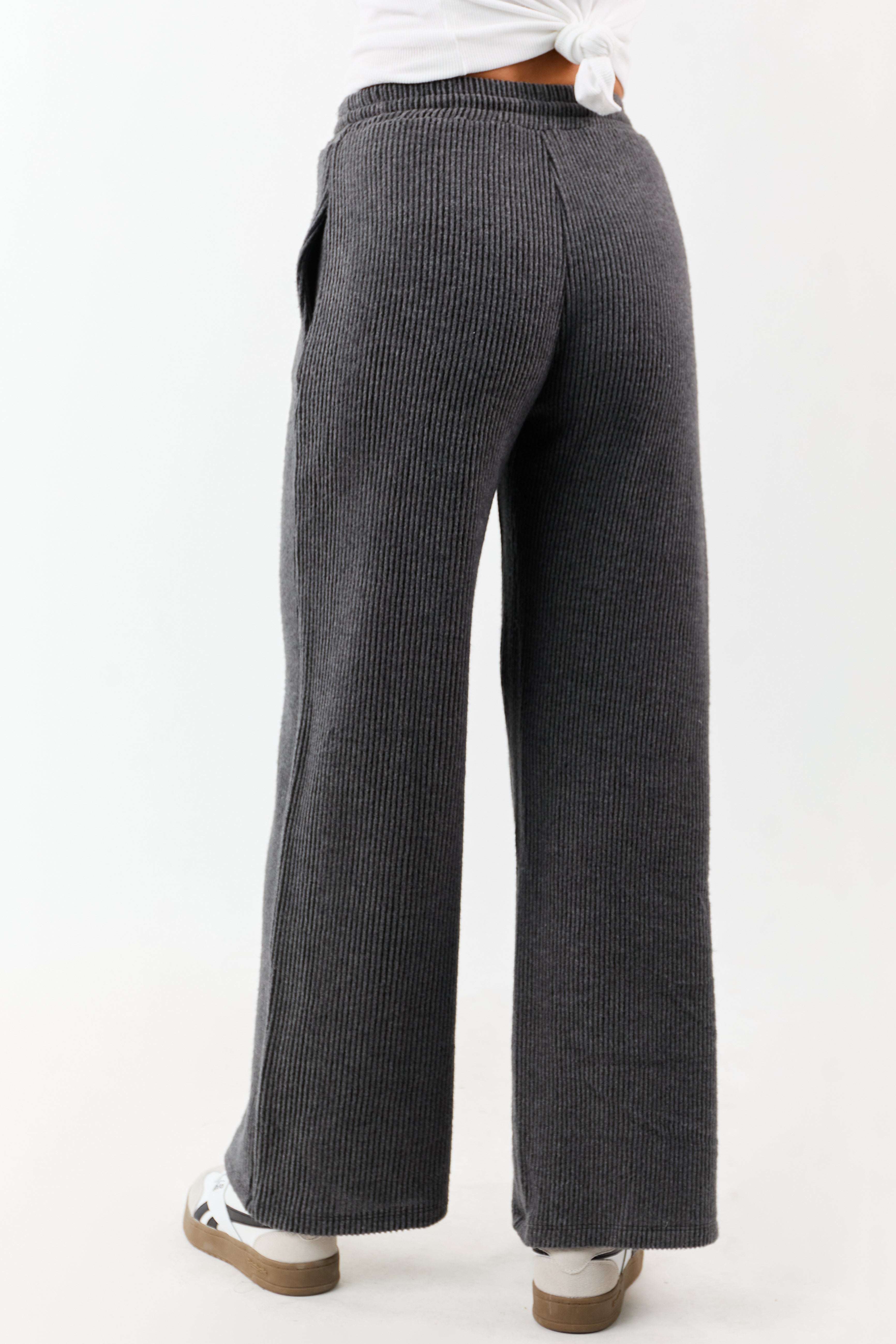 Charcoal Ribbed Knit Drawstring Waist Wide Leg Pants