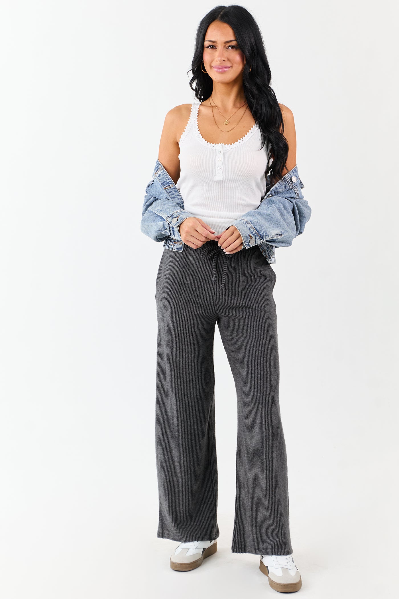 Charcoal Ribbed Knit Drawstring Waist Wide Leg Pants