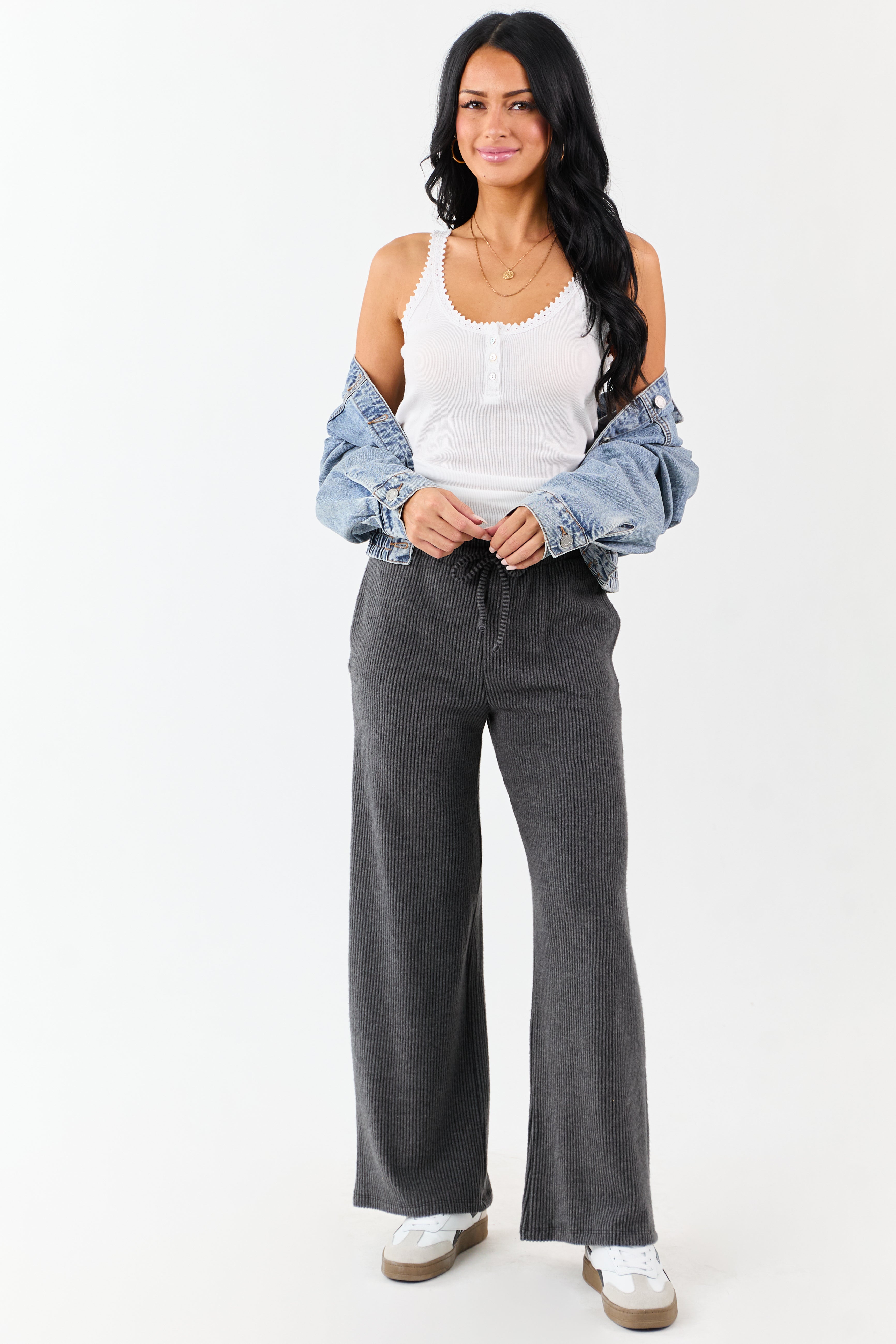 Charcoal Ribbed Knit Drawstring Waist Wide Leg Pants