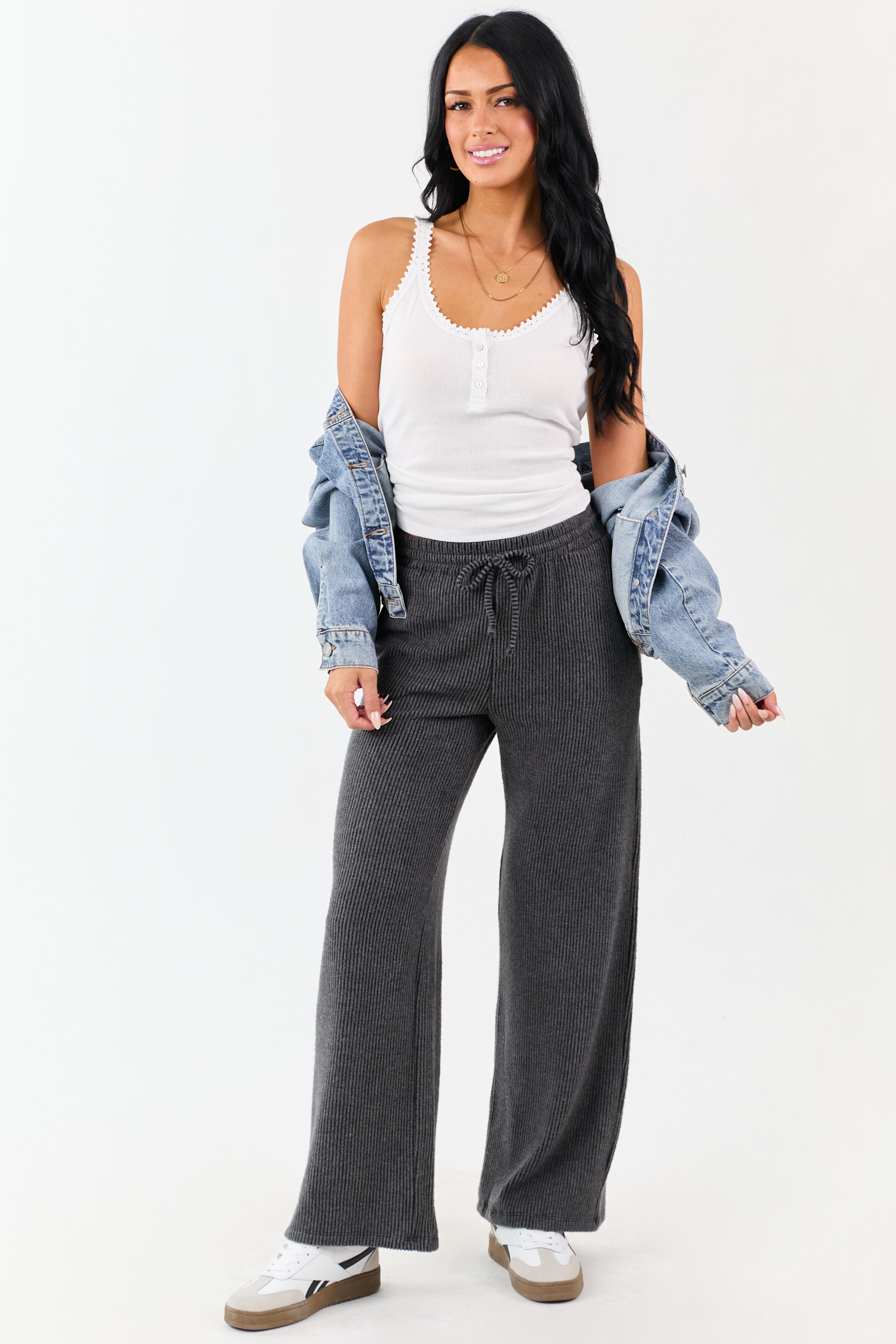 Charcoal Ribbed Knit Drawstring Waist Wide Leg Pants