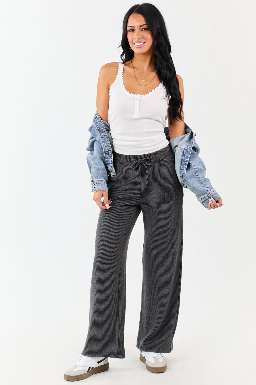 Charcoal Ribbed Knit Drawstring Waist Wide Leg Pants