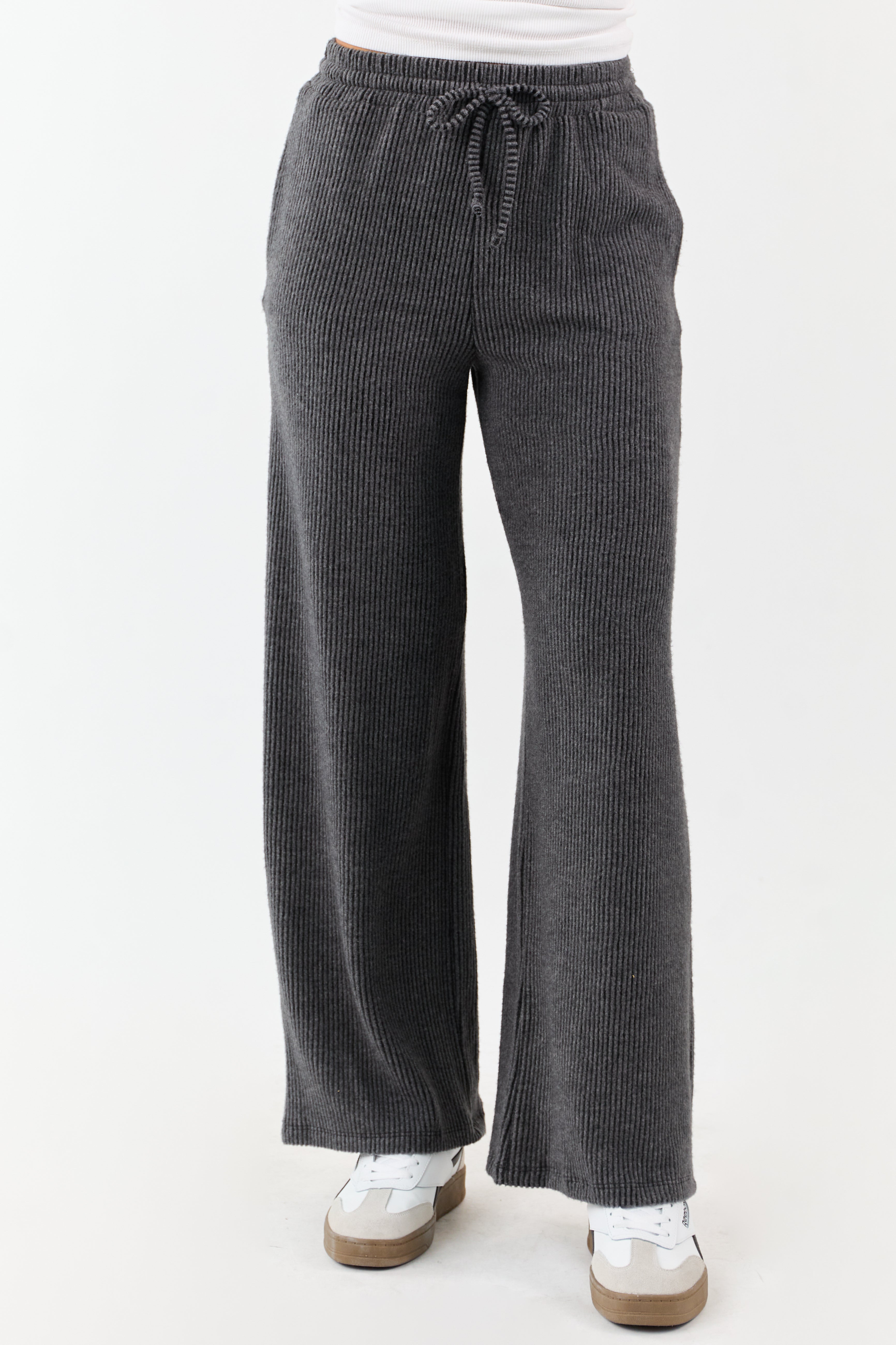 Charcoal Ribbed Knit Drawstring Waist Wide Leg Pants | Lime Lush