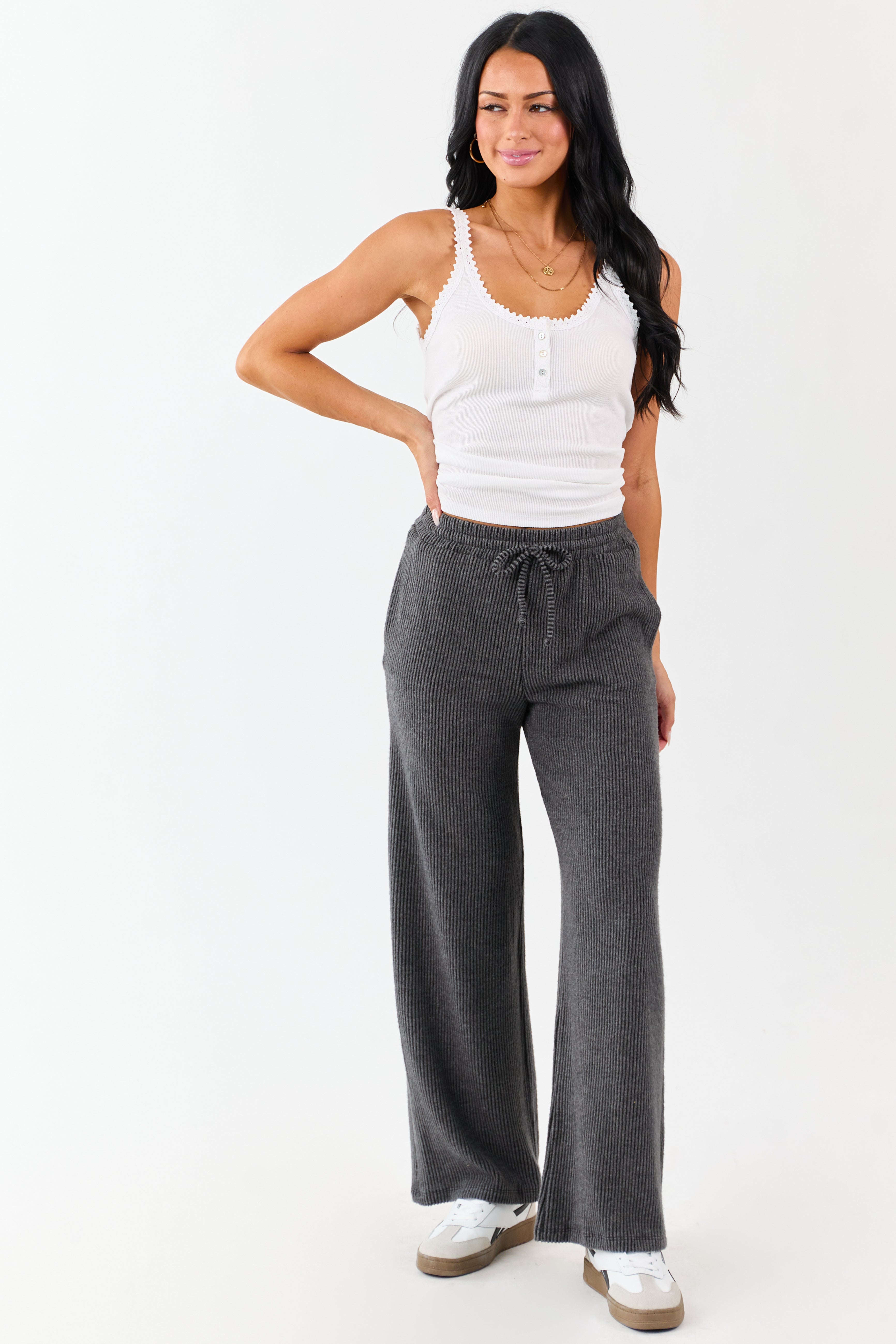 Charcoal Ribbed Knit Drawstring Waist Wide Leg Pants