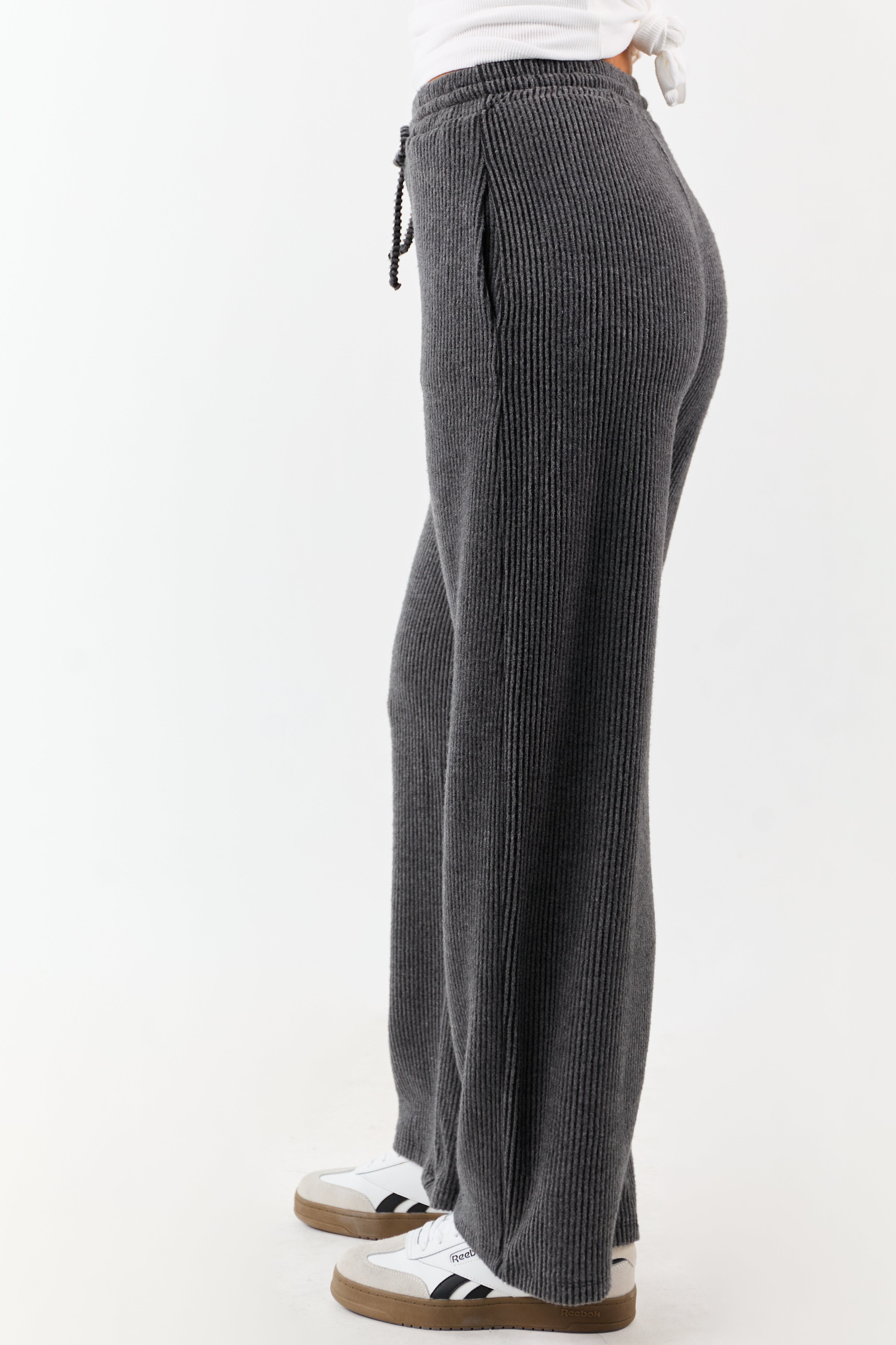 Charcoal Ribbed Knit Drawstring Waist Wide Leg Pants