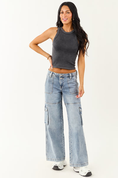 Charcoal Ribbed Stretchy Knit Washed Tank Top