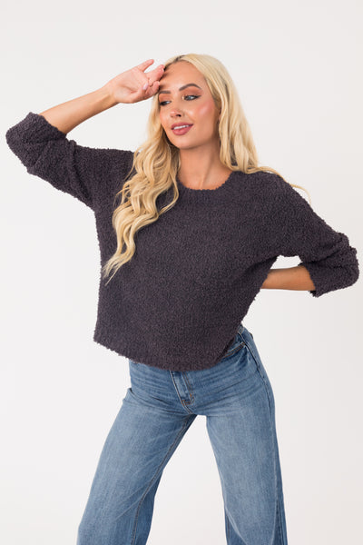 Charcoal Round Neck Soft Fuzzy Sweater