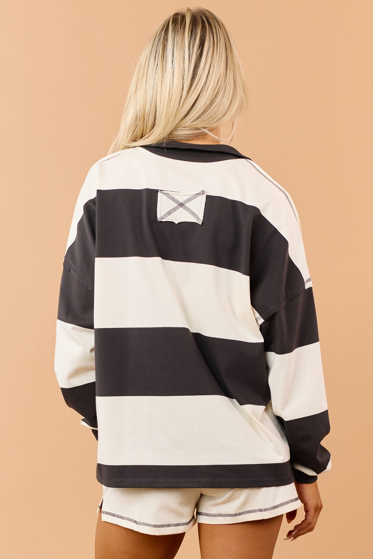 Charcoal Rugby Striped Half Zip Relaxed Knit Top