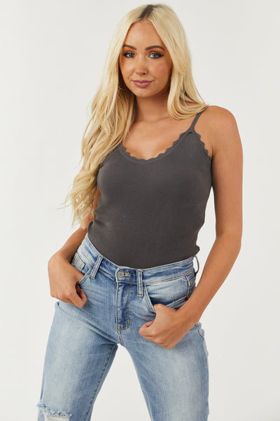 Charcoal Scalloped Ribbed Knit Tank Top