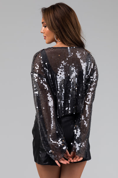 Charcoal Sequin Long Sleeve Sheer Cropped Top