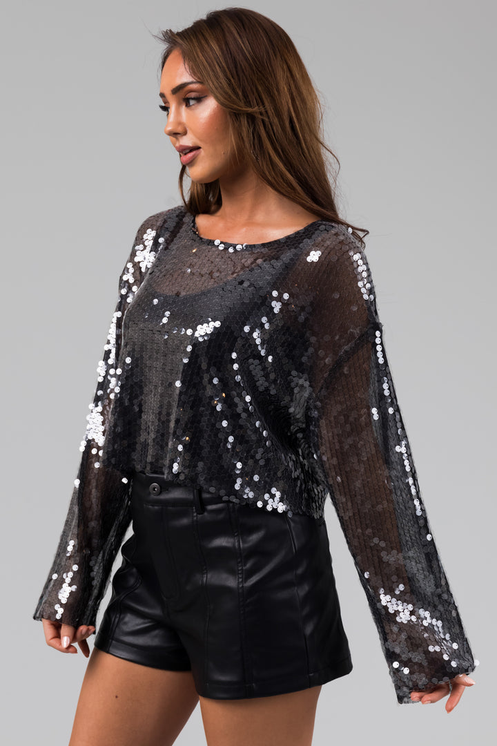 Charcoal Sequin Long Sleeve Sheer Cropped Top
