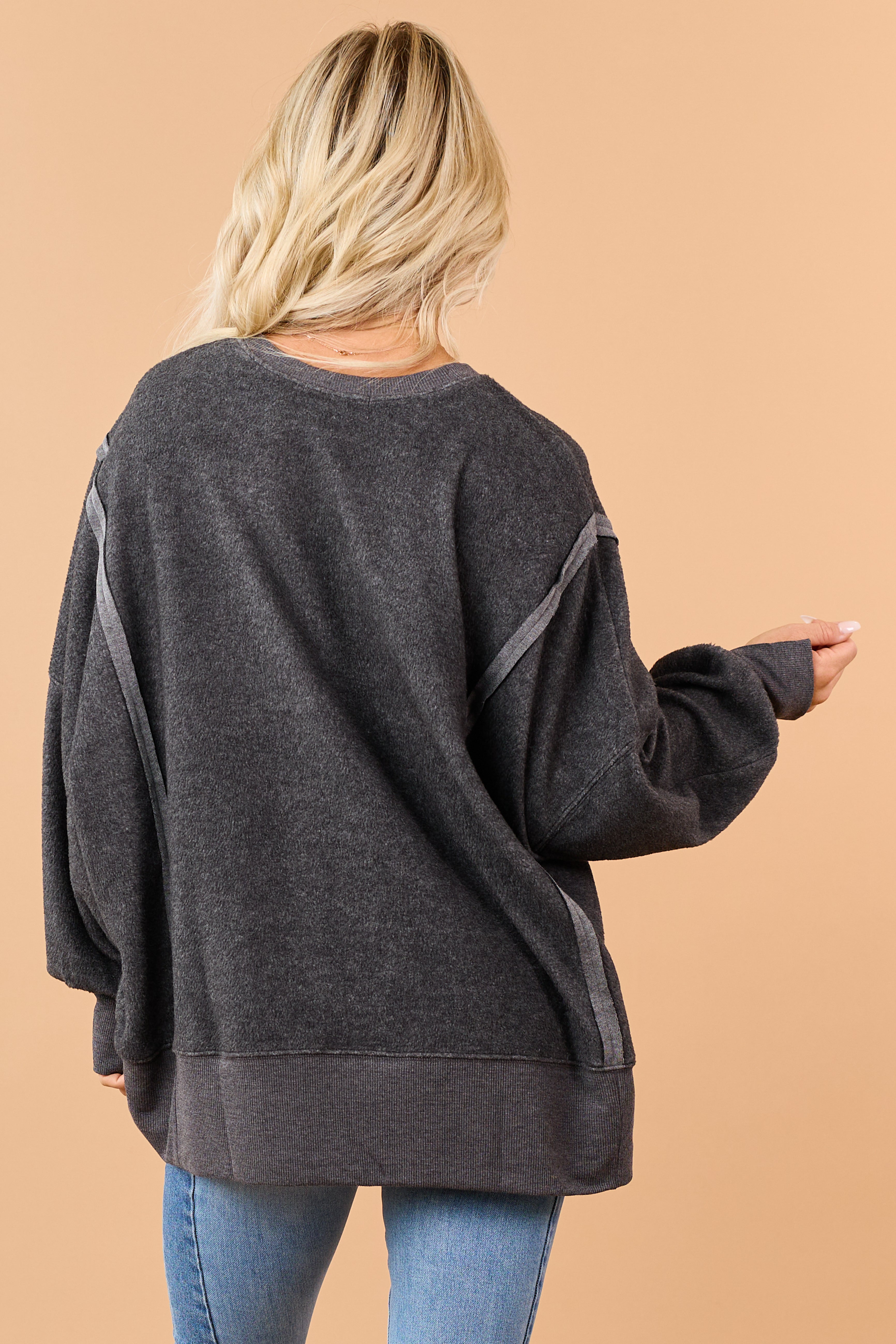 Charcoal Soft Brushed Knit Raw Seam Sweatshirt