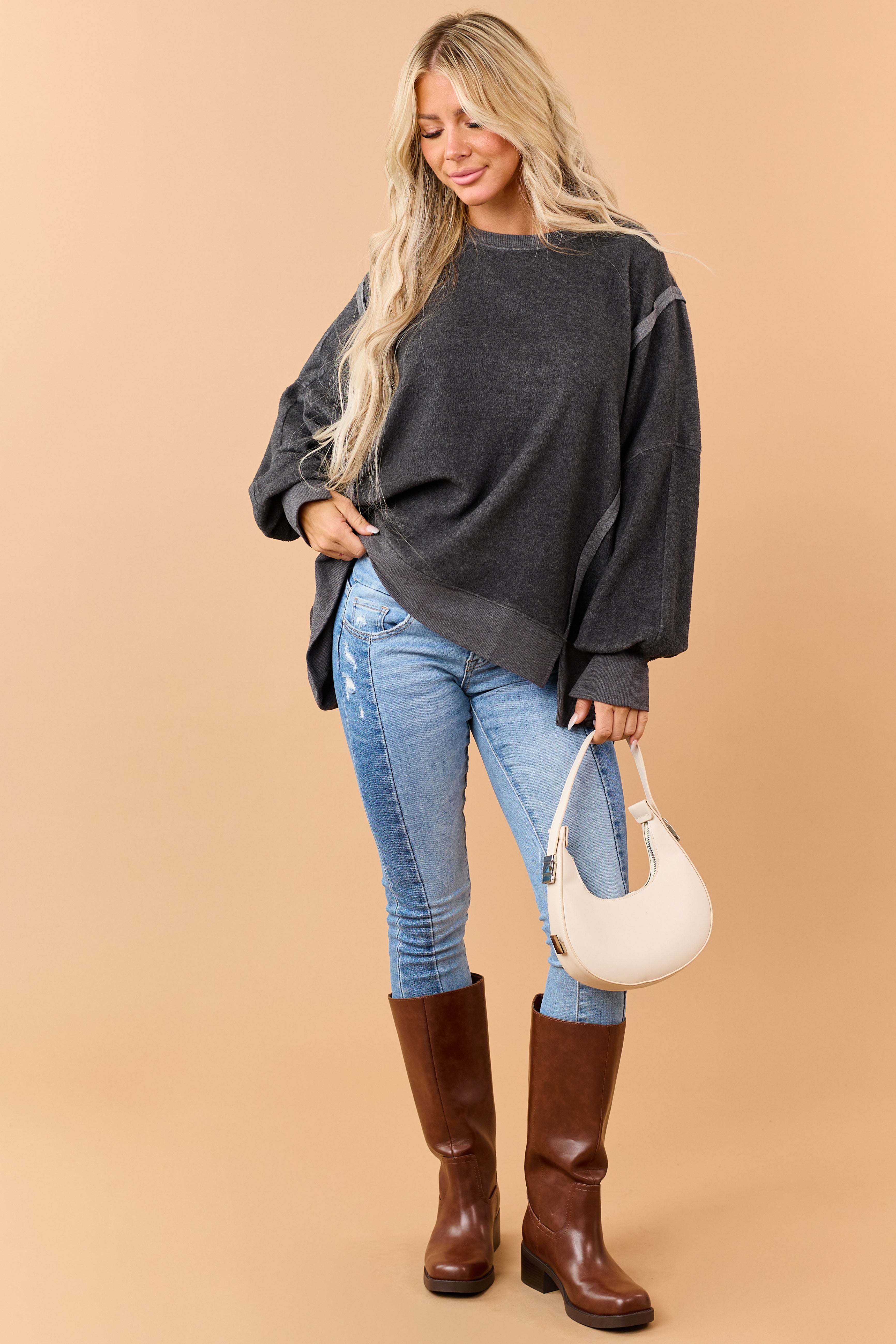 Charcoal Soft Brushed Knit Raw Seam Sweatshirt