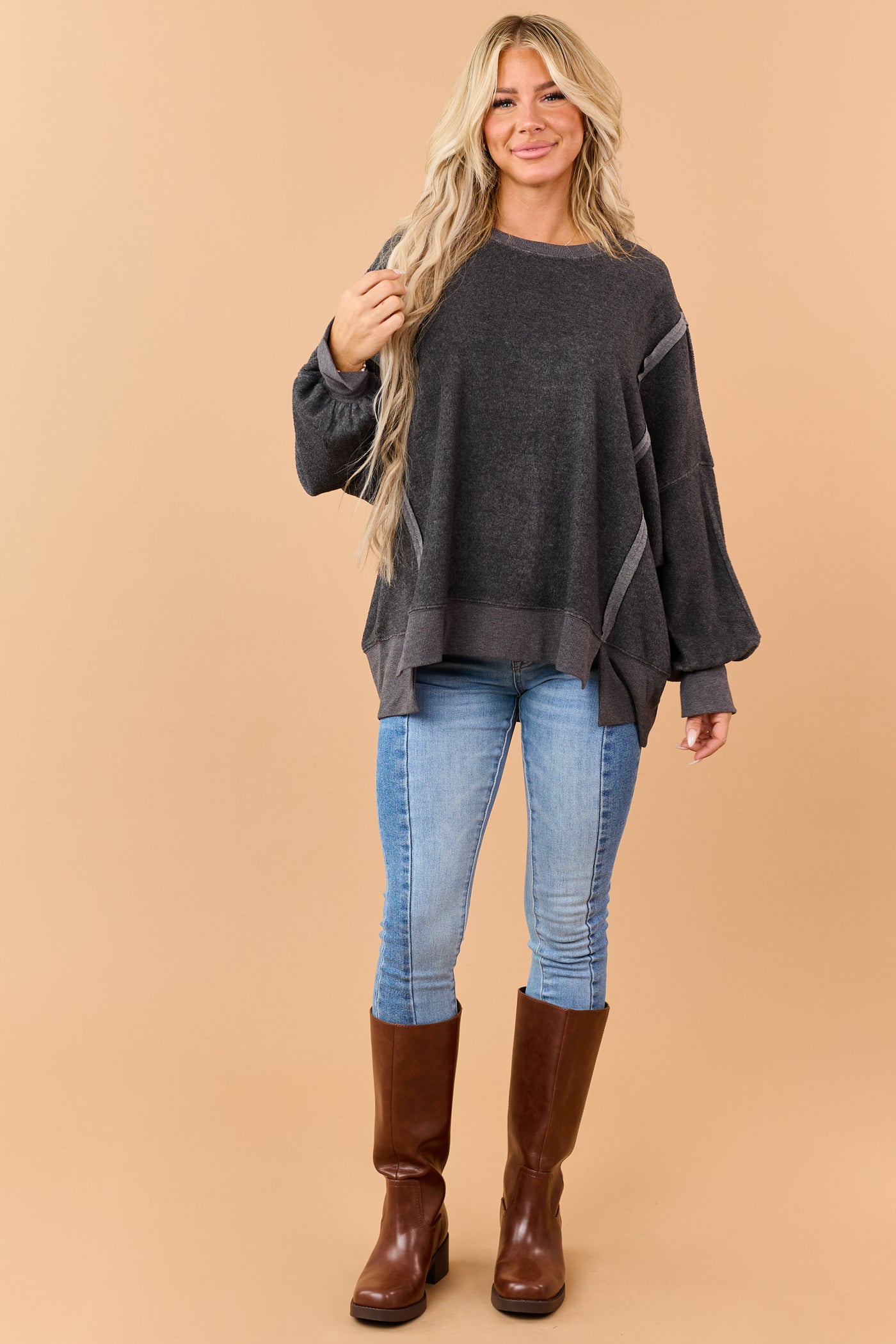 Charcoal Soft Brushed Knit Raw Seam Sweatshirt