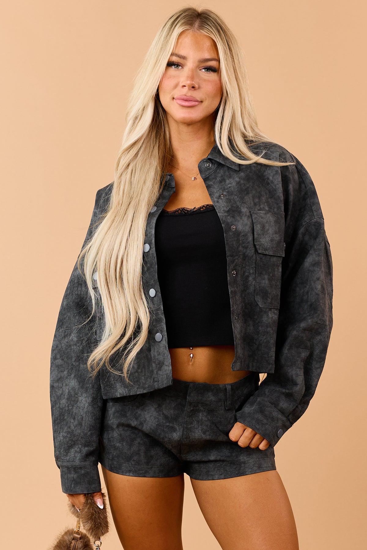 Charcoal Soft Faux Suede Reptile Texture Jacket