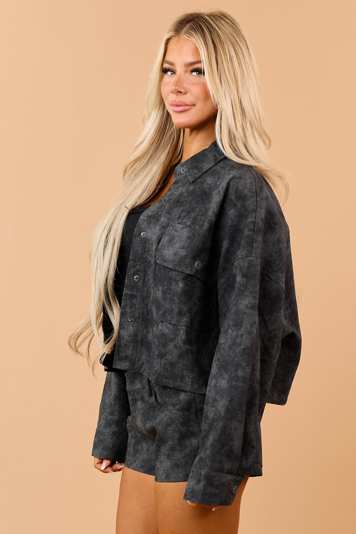 Charcoal Soft Faux Suede Reptile Texture Jacket