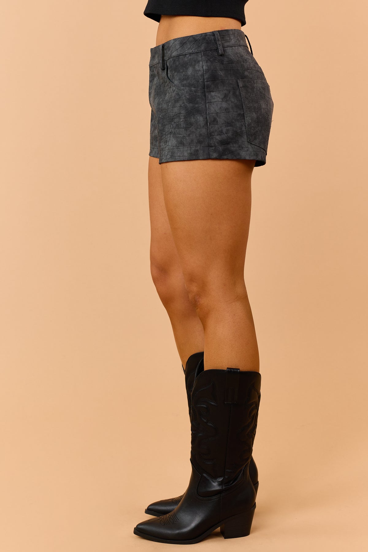 Charcoal Soft Faux Suede Reptile Texture Mini Shorts