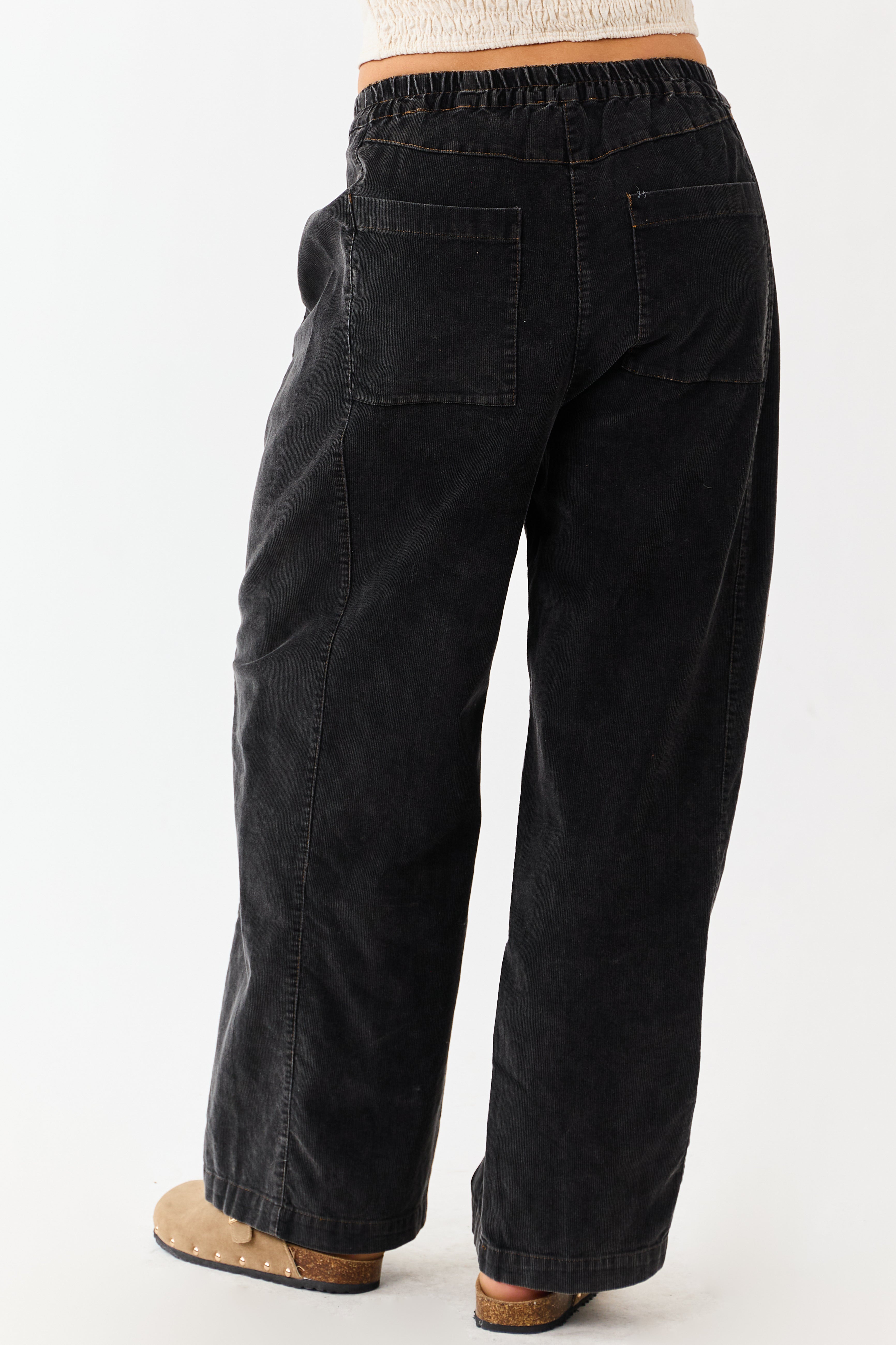 Charcoal Stone Washed Corduroy Wide Leg Pants