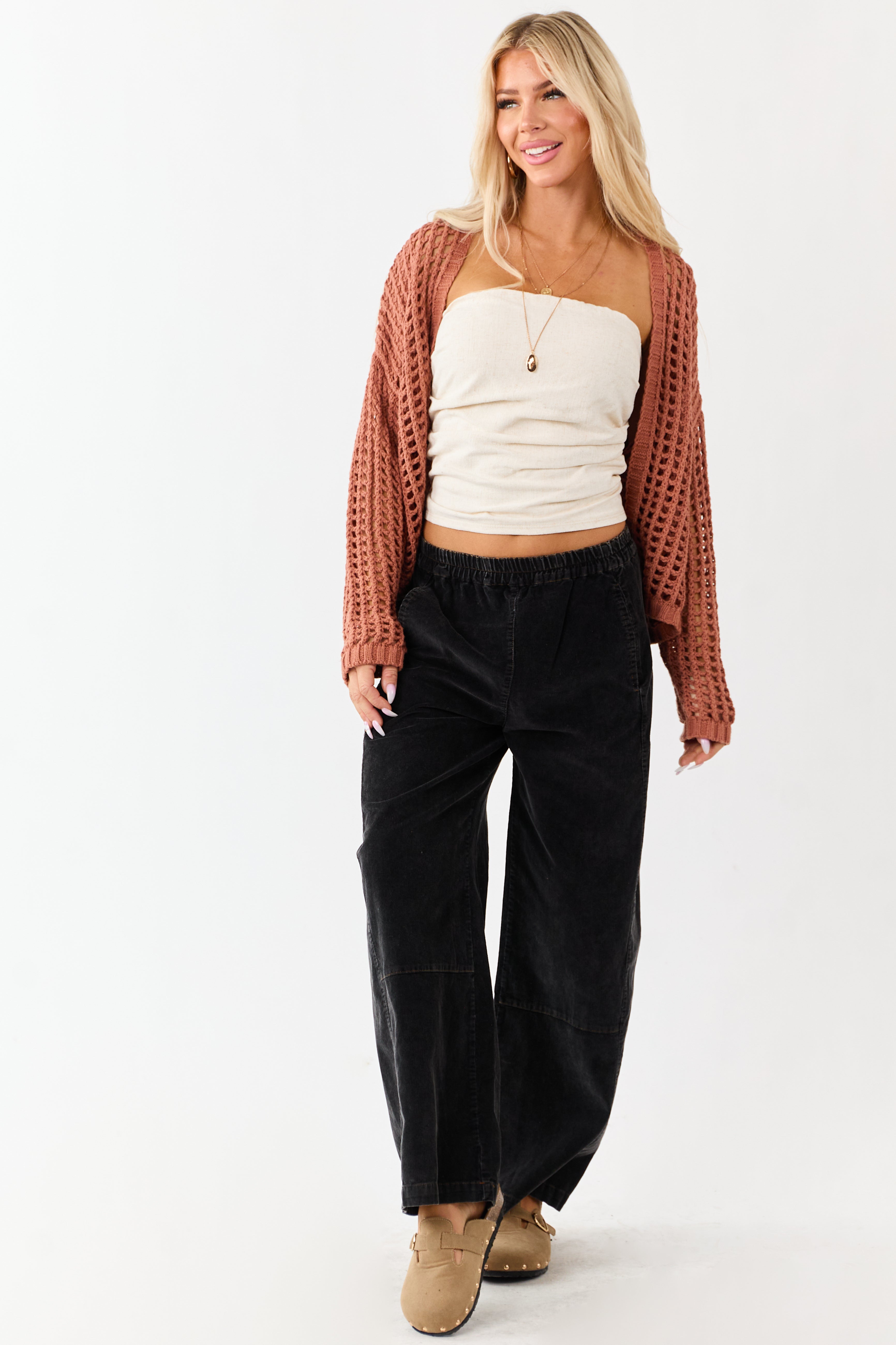 Charcoal Stone Washed Corduroy Wide Leg Pants